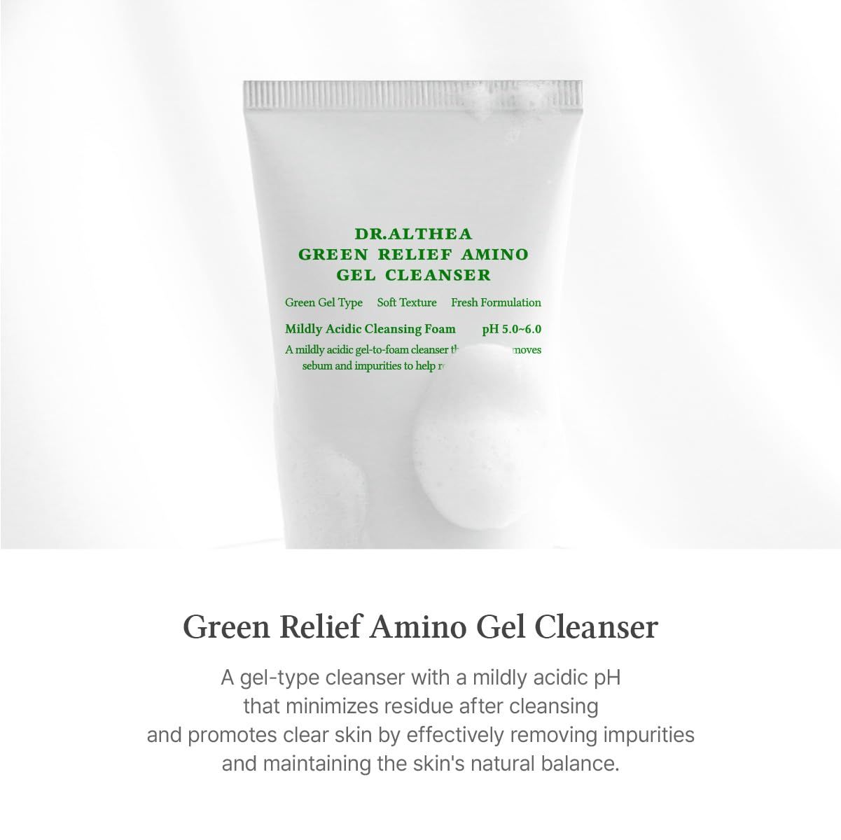 Weiße Tube mit Dr. Althea Green Relief Amino Gel Cleanser Aufschrift und Details zur Formulierung.