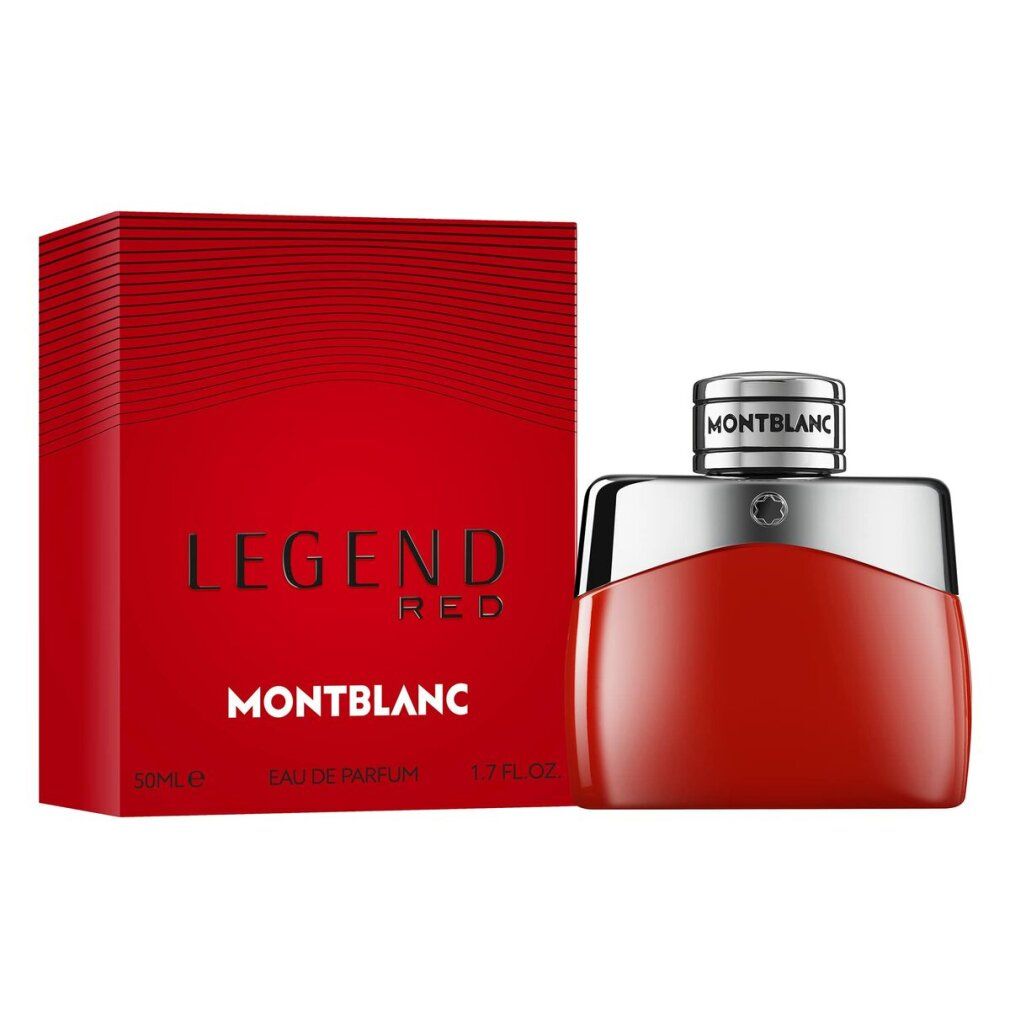 Roter Flakon und rote Verpackung. Auf der Verpackung steht LEGEND RED und MONTBLANC. Flakon und Verpackung stehen nebeneinander.