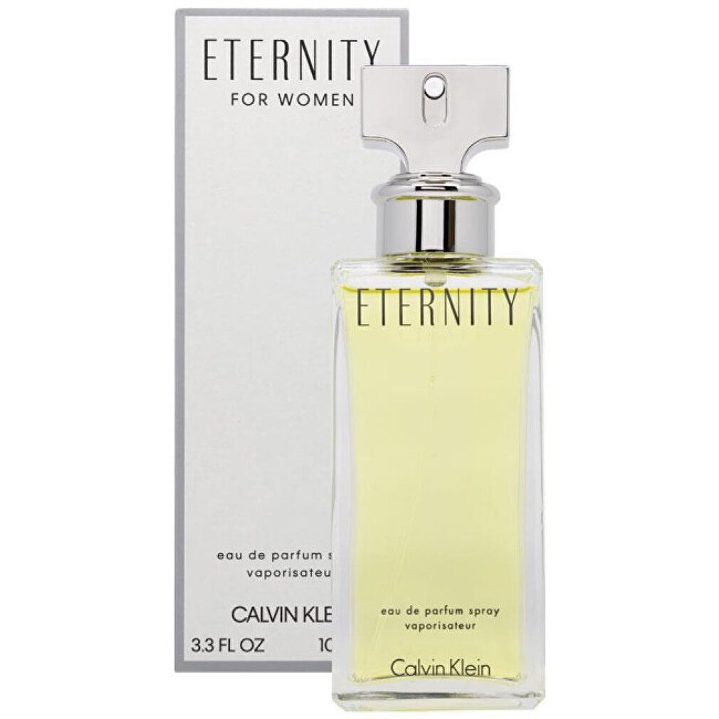 Eau de Parfum Flakon und Verpackung. Aufschrift: Eternity for Women, Calvin Klein. Rechteckiger Flakon mit silbernem Verschluss.