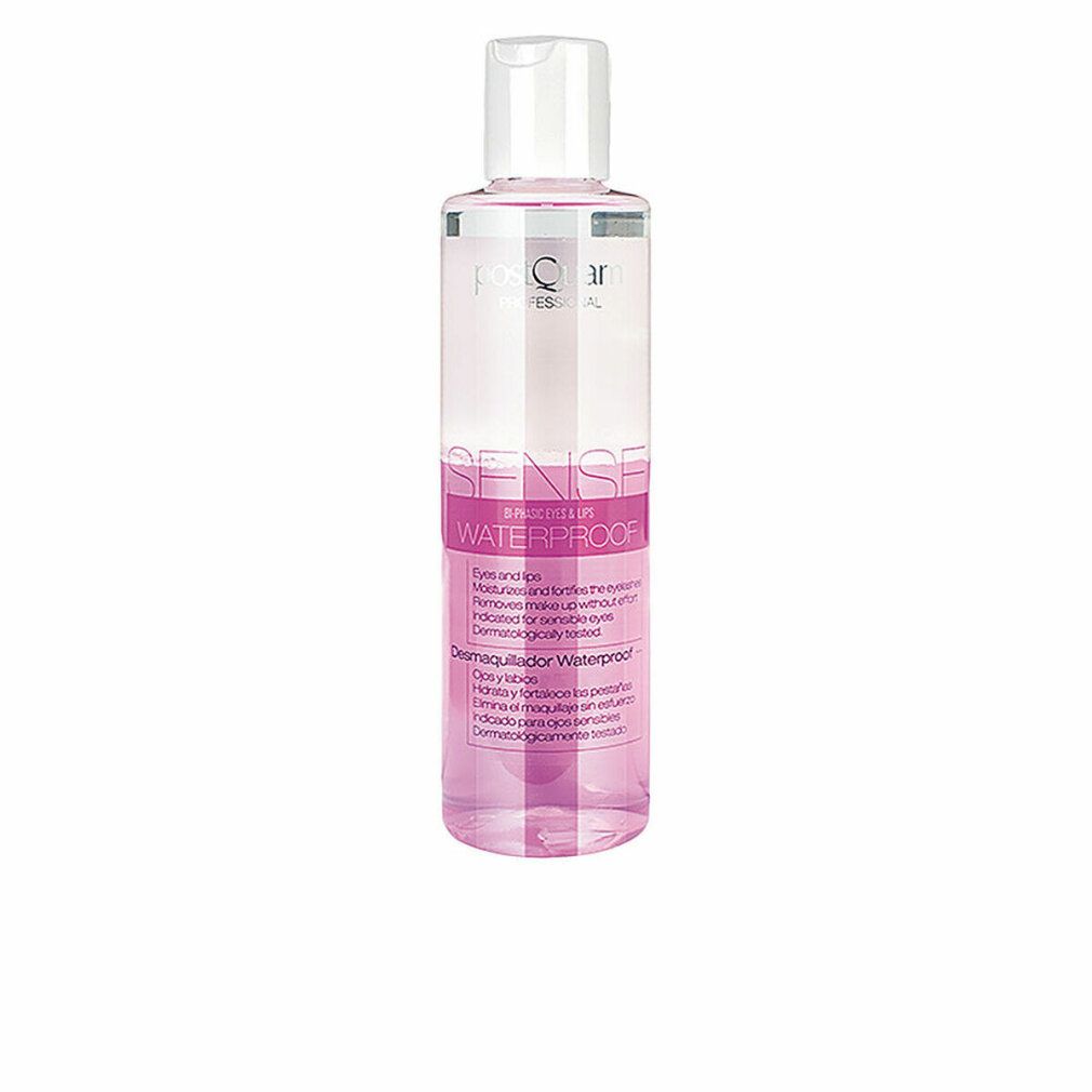 Flasche mit rosa Flüssigkeit. Weißer Deckel. Text: Sense Waterproof. Für Augen und Lippen. Entfernt Make-up.