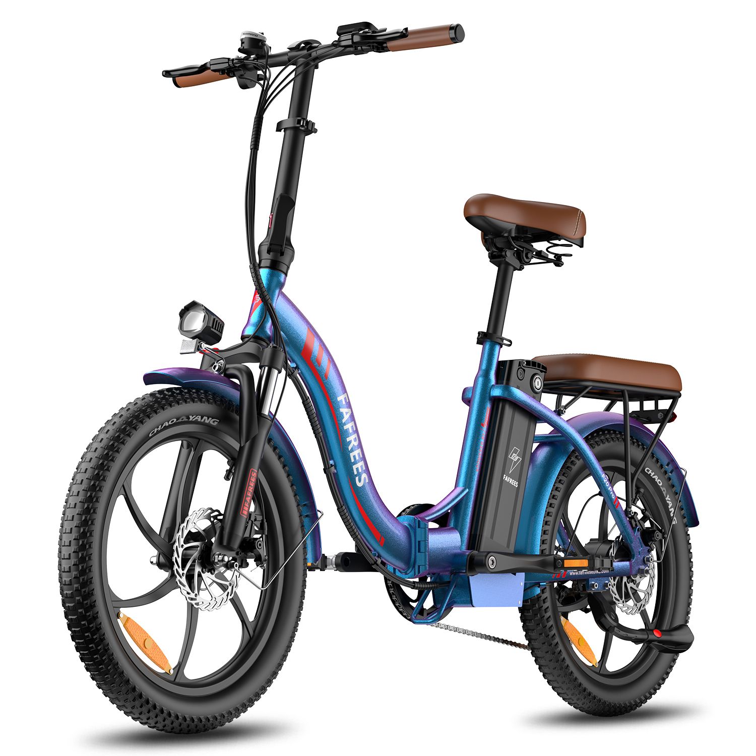 Blaues FAFREES F20 Pro Elektrofahrrad. Brauner Sattel und Lenkergriffe. Schwarze Reifen und Komponenten.