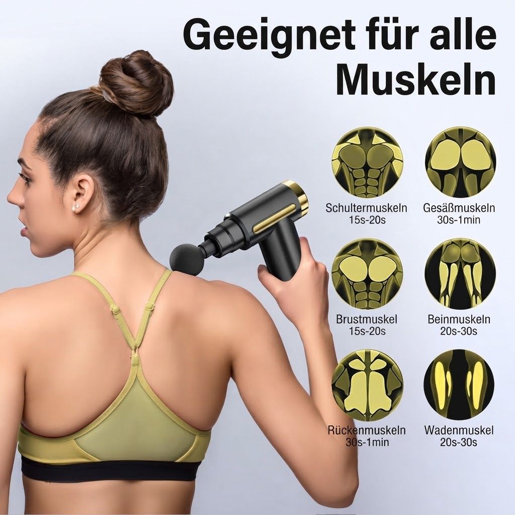 Schwarze Massagepistole mit runder Massagekopf-Aufnahme und goldenen Verzierungen.