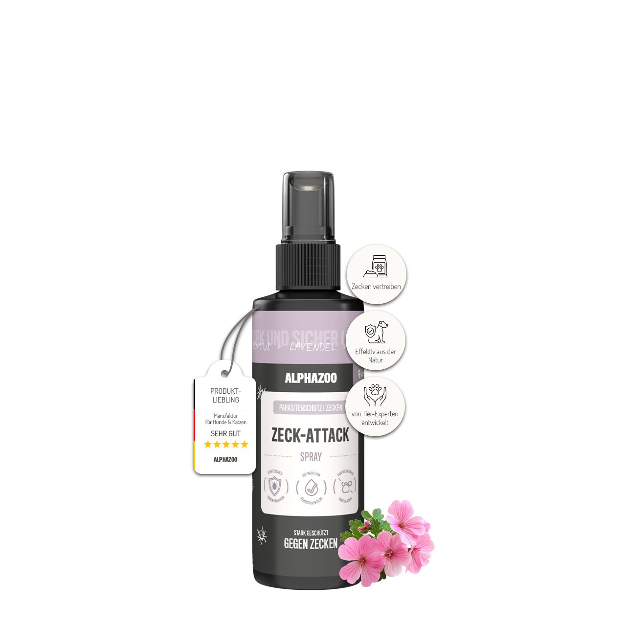 Zeckenspray-Flasche mit Sprühkopf, Etikett mit Produktinformationen und Blüten.