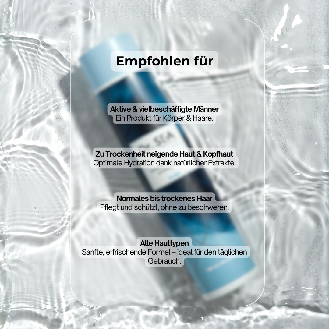 Flasche mit Text: "Dr. SEA 3-in-1", Empfehlungen.