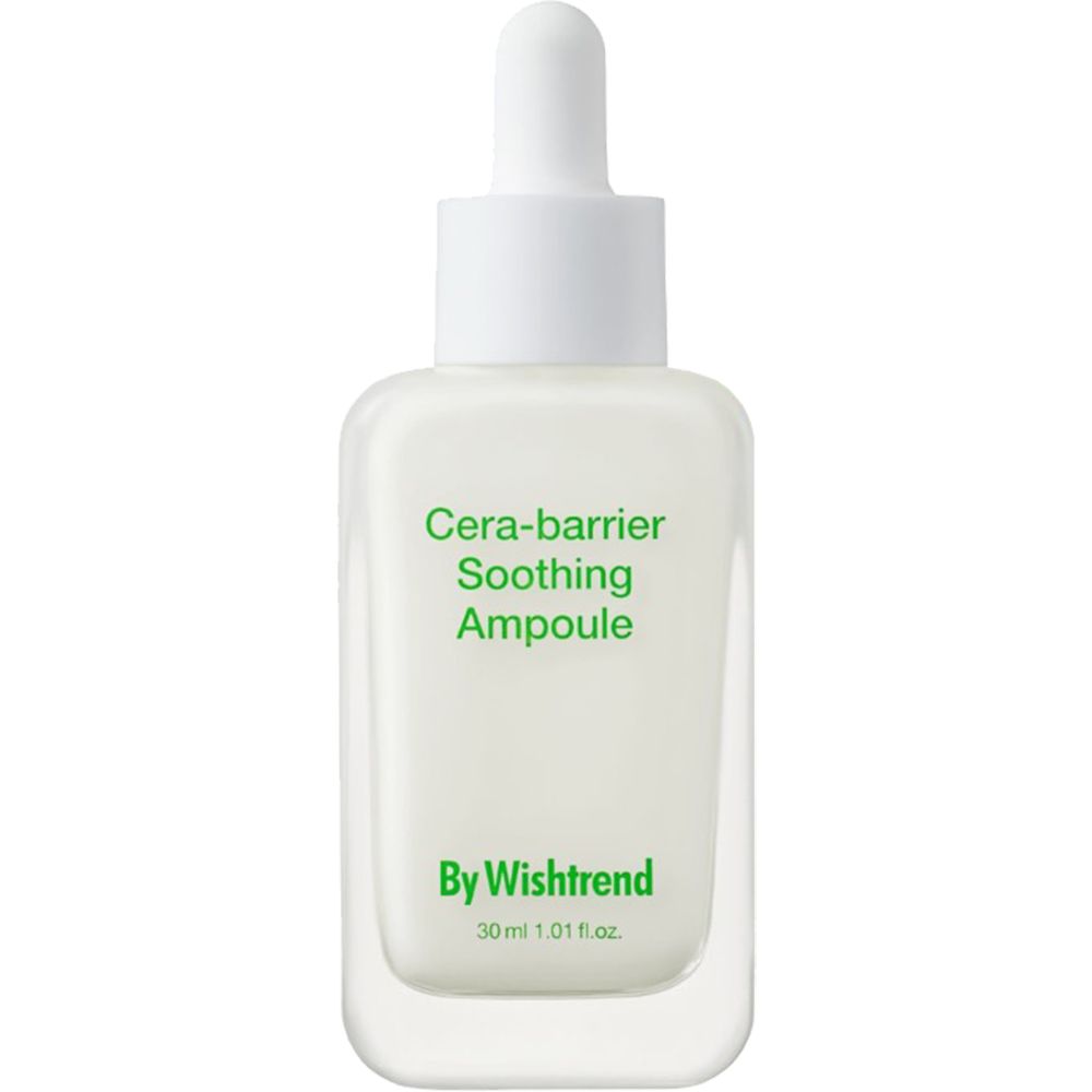 Klarflasche mit weißem Serum und Pipette. Aufschrift: Cera-barrier Soothing Ampoule, By Wishtrend.