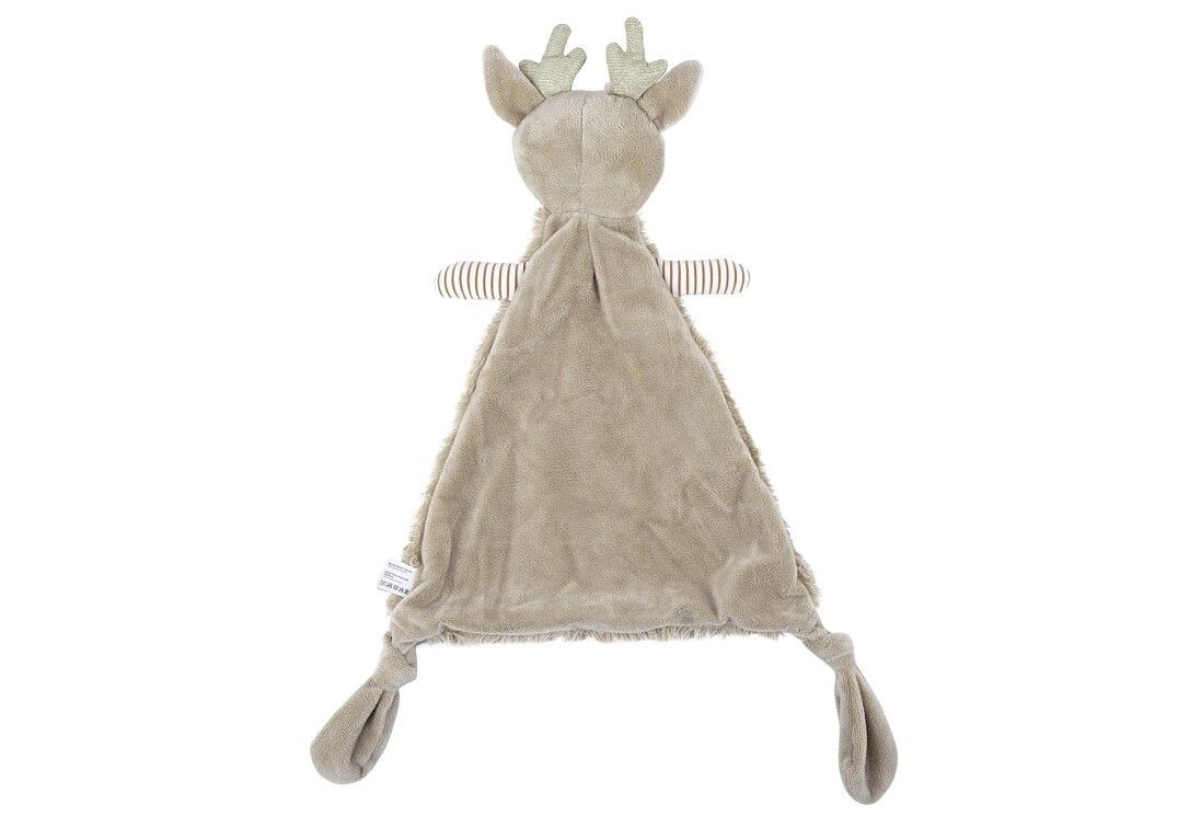 Kuscheltuch in Rehform, beige. Mit Kopf, Geweih und Beinen. Gestreifte Details an den Armen. Auf hellem Hintergrund.