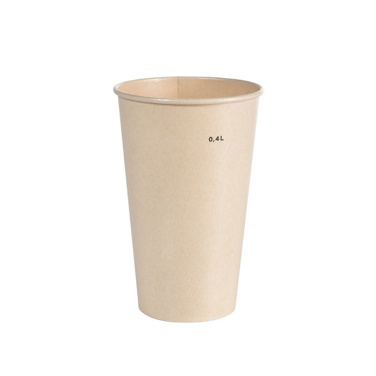 Becher aus braunem Papier. Aufschrift 0,4L. Kegelförmig, mit gerolltem Rand.