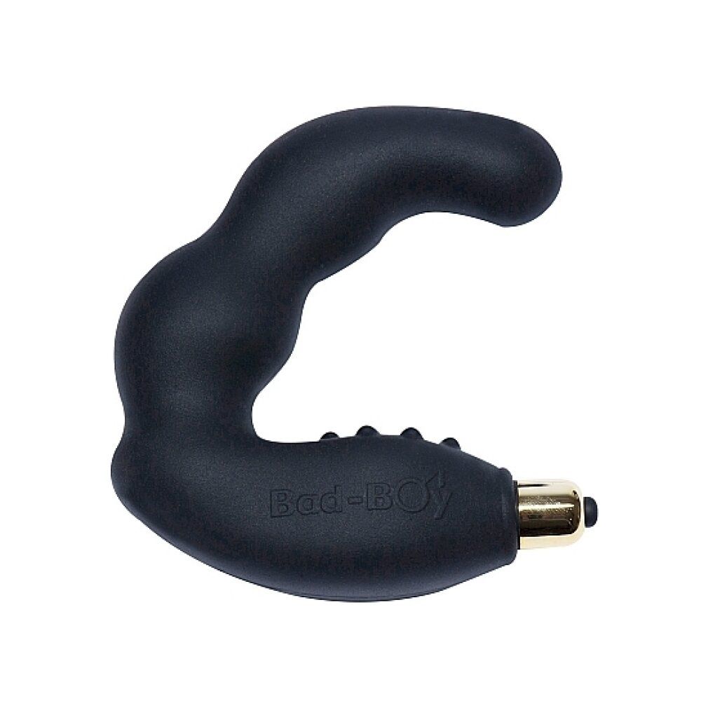 Schwarzer Vibrator mit geschwungener Form. Goldfarbener Kopf, drei Noppen, Schriftzug Bad-Boy.