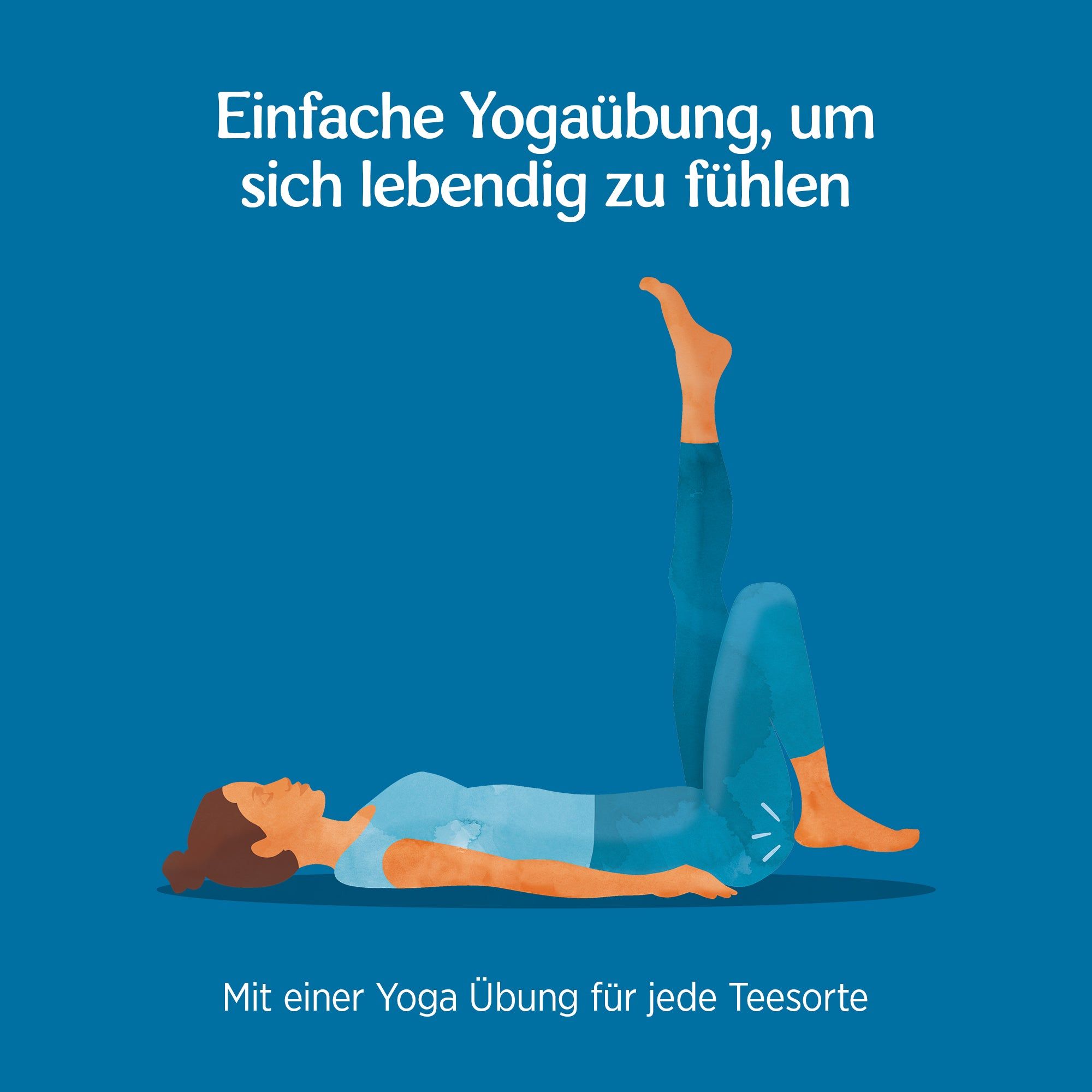 Illustration einer Person, die Yoga macht. Blauer Hintergrund mit Text. Yoga-Übung für jede Teesorte.