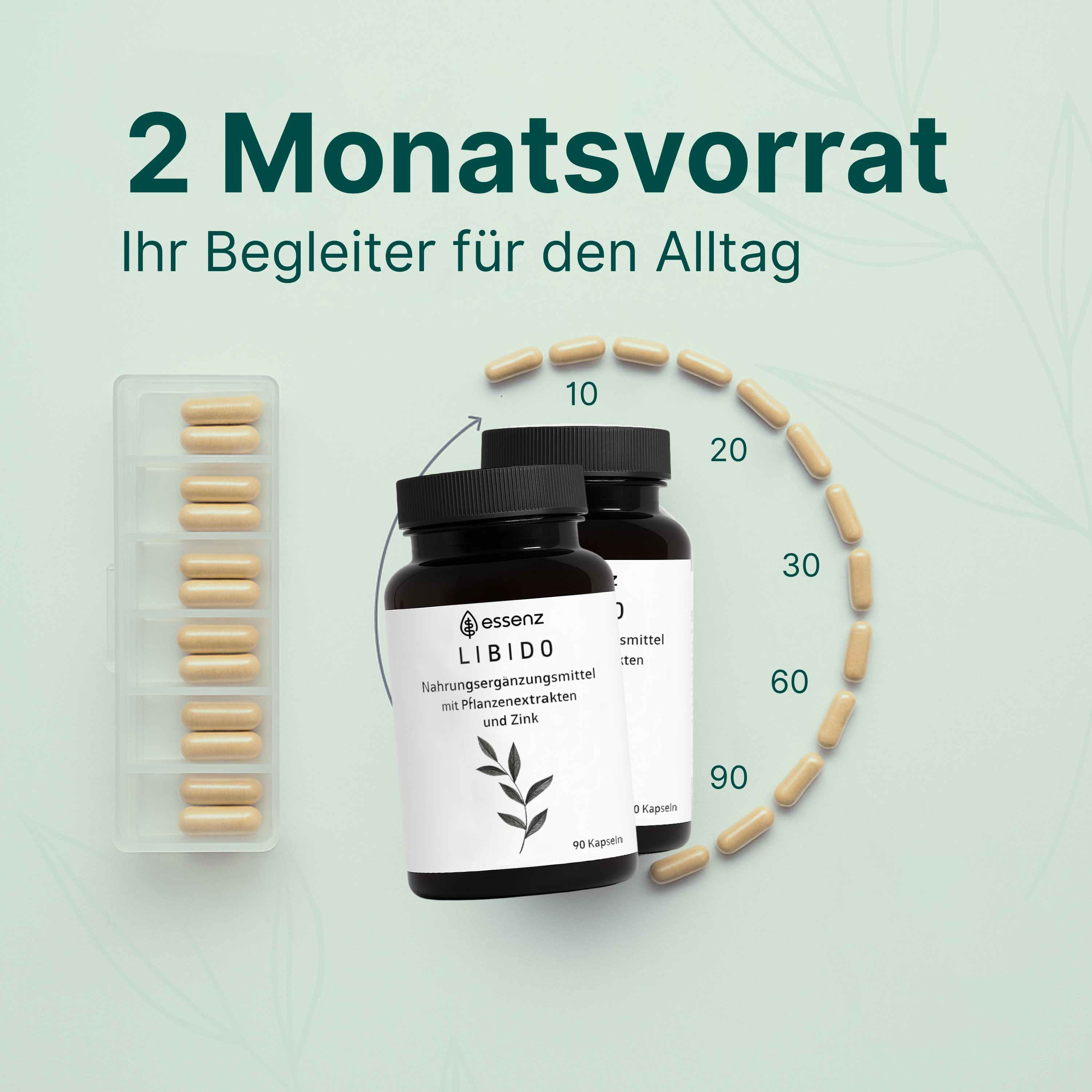 Zwei Flaschen ESSENZ Libido Kapseln und eine Packung mit Kapseln. Darstellung für 2 Monate Vorrat. Kapseln in Reihe.