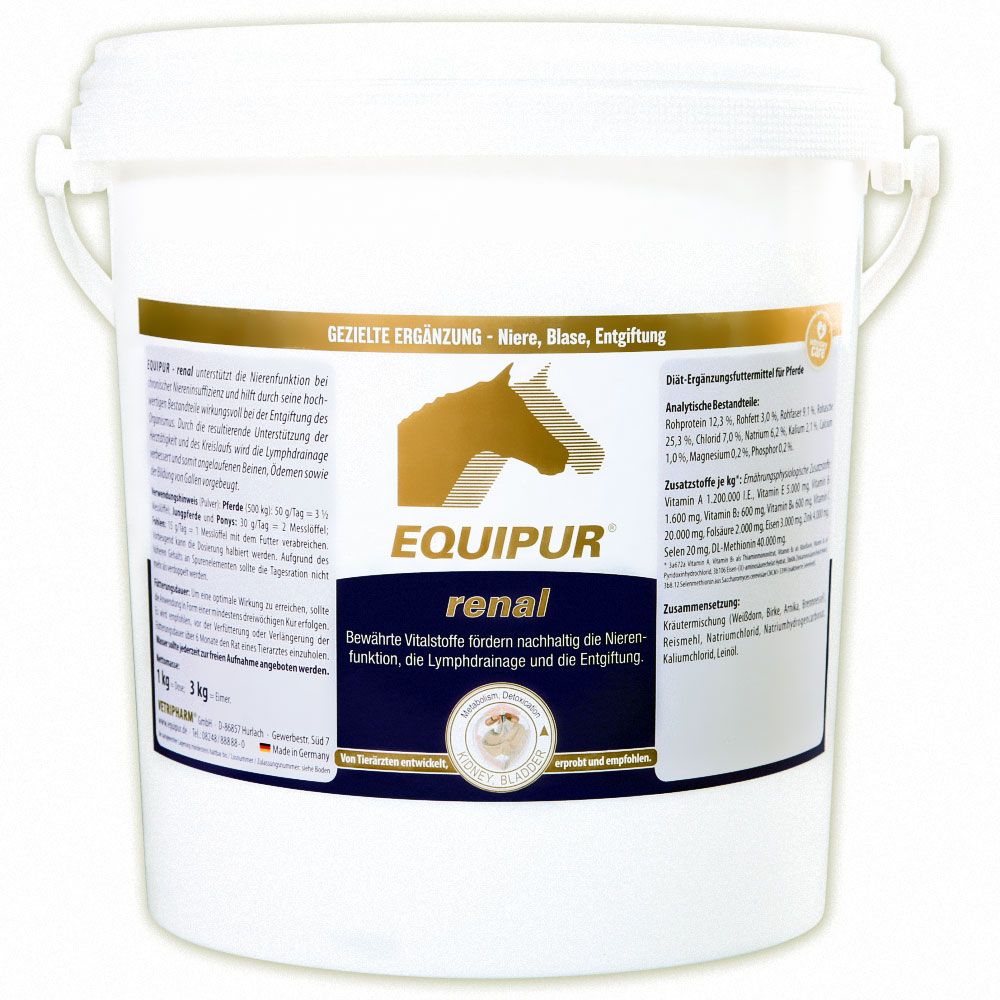 Weißer Eimer mit Griff. Aufschrift EQUIPUR renal. Goldfarbenes Logo mit Pferdekopf. Text in deutscher Sprache.