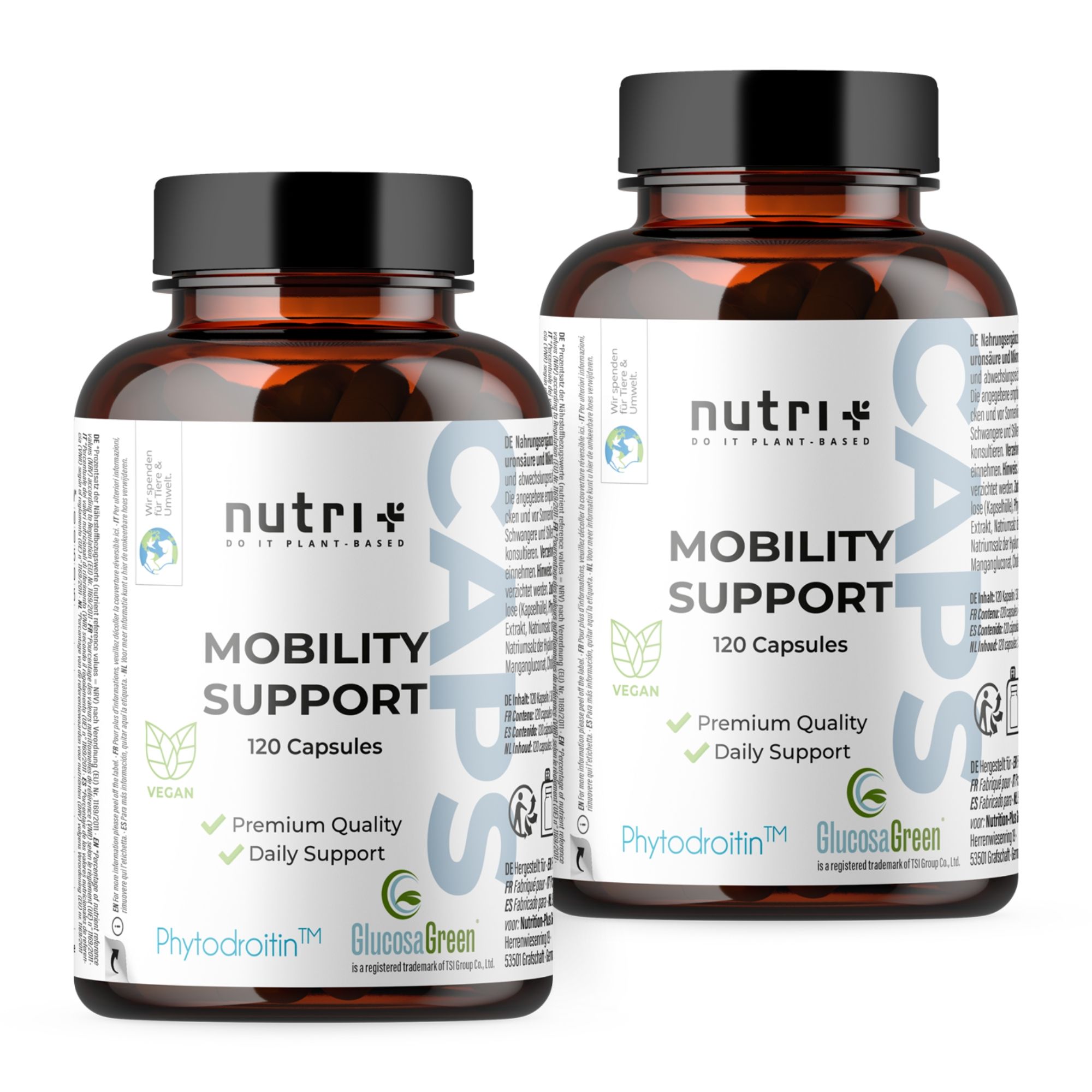 Zwei Flaschen nutri+ Mobility Support Kapseln. Braune Glasflaschen mit schwarzem Deckel und weißem Etikett.