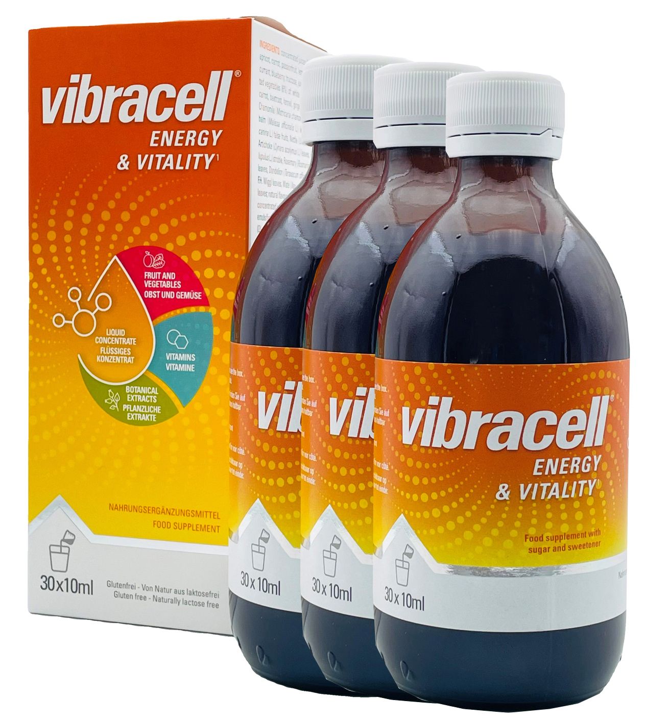 Drei Flaschen Vibracell® Vitaminkonzentrat mit Verpackung. Aufschrift: Vibracell, Energy & Vitality, 30x10ml.