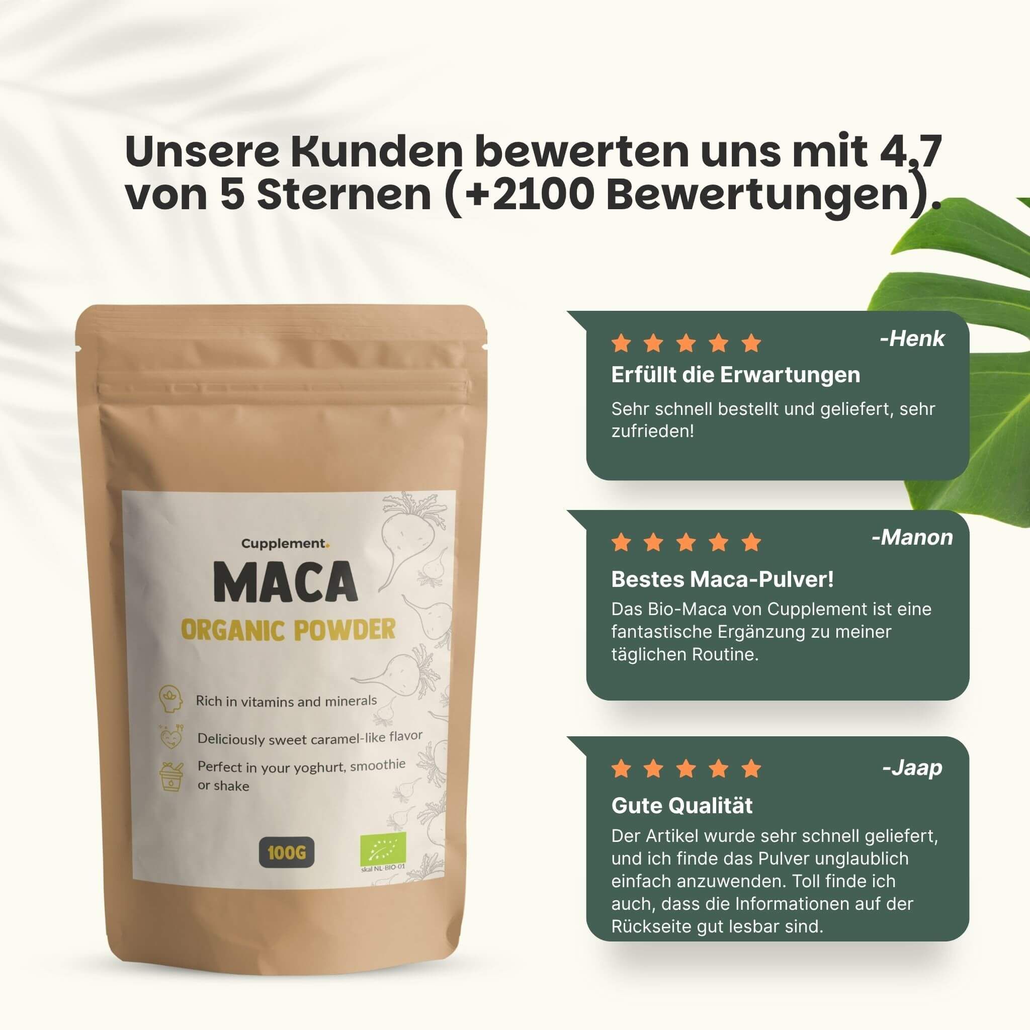 Beutel mit Maca-Pulver. Kundenbewertungen: 4,7/5 Sterne. Zitate von Kunden.