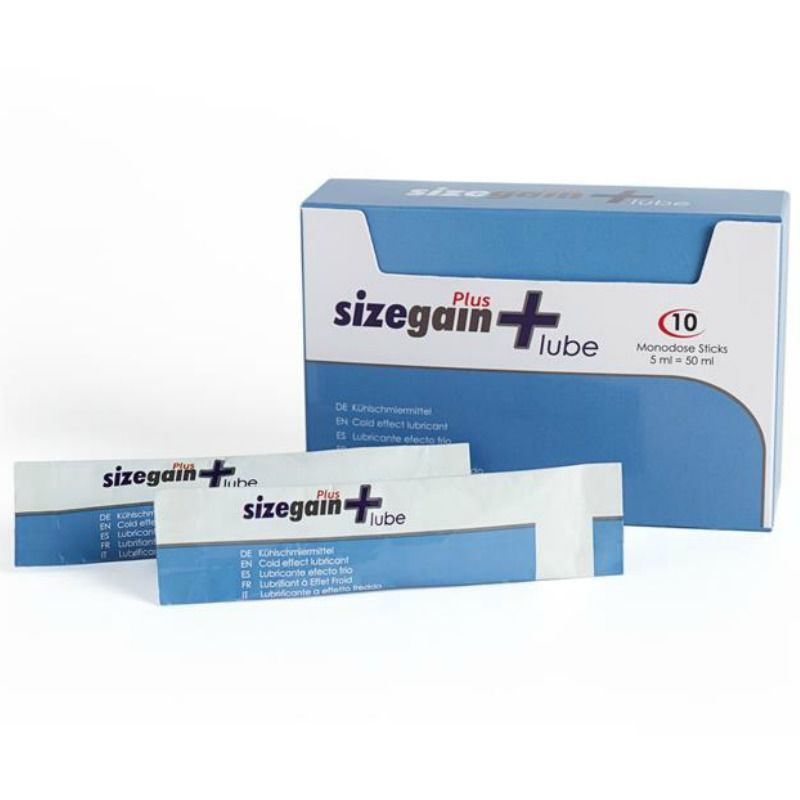 Packung mit 10 Monodosen 'Sizegain Plus Lube' mit Kühleffekt.