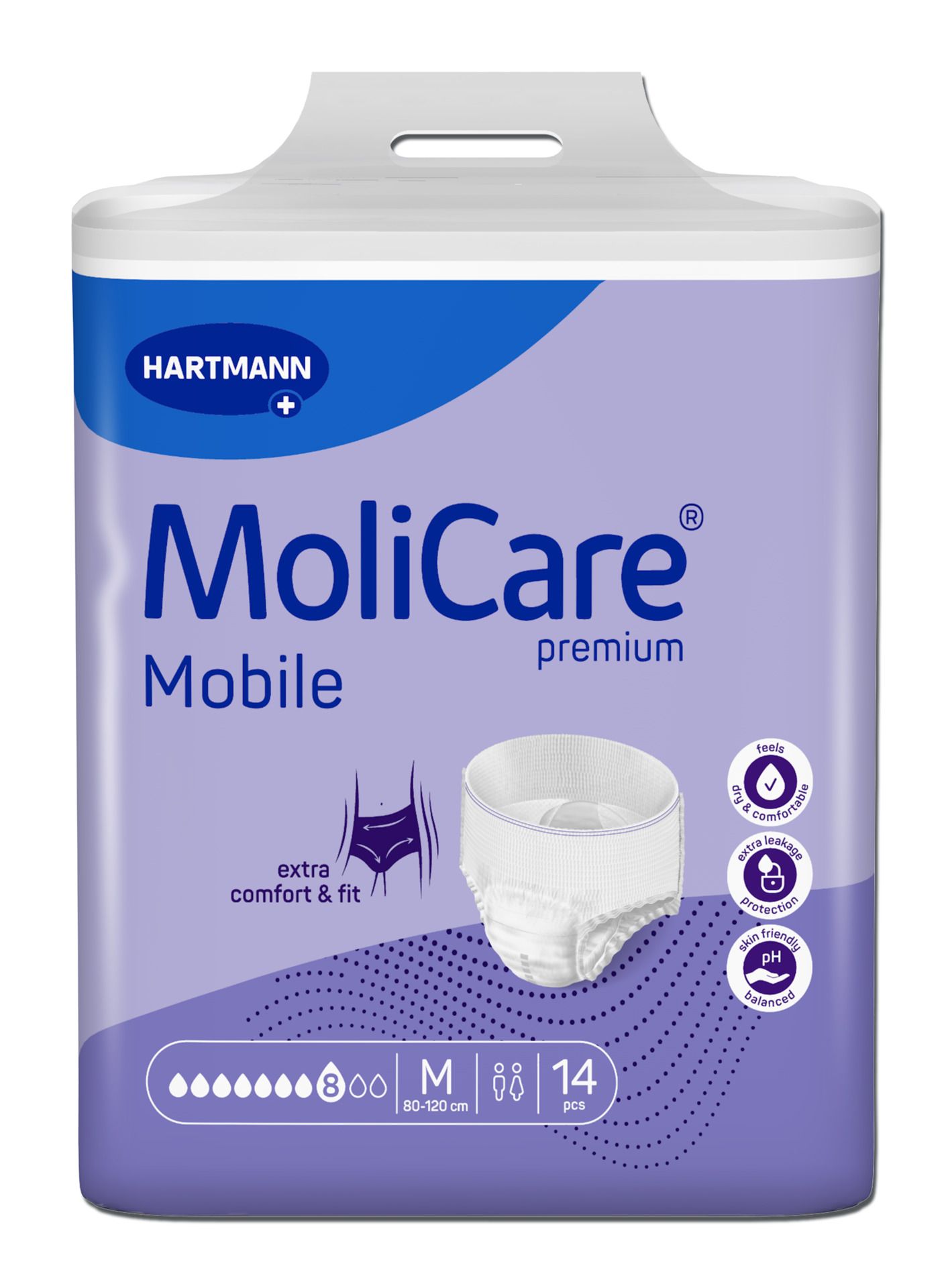 Verpackung MoliCare Mobile Premium. Lila-weiße Verpackung mit Produktabbildung. Enthält 14 Stück, Größe M, 80-120 cm. Marke Hartmann.