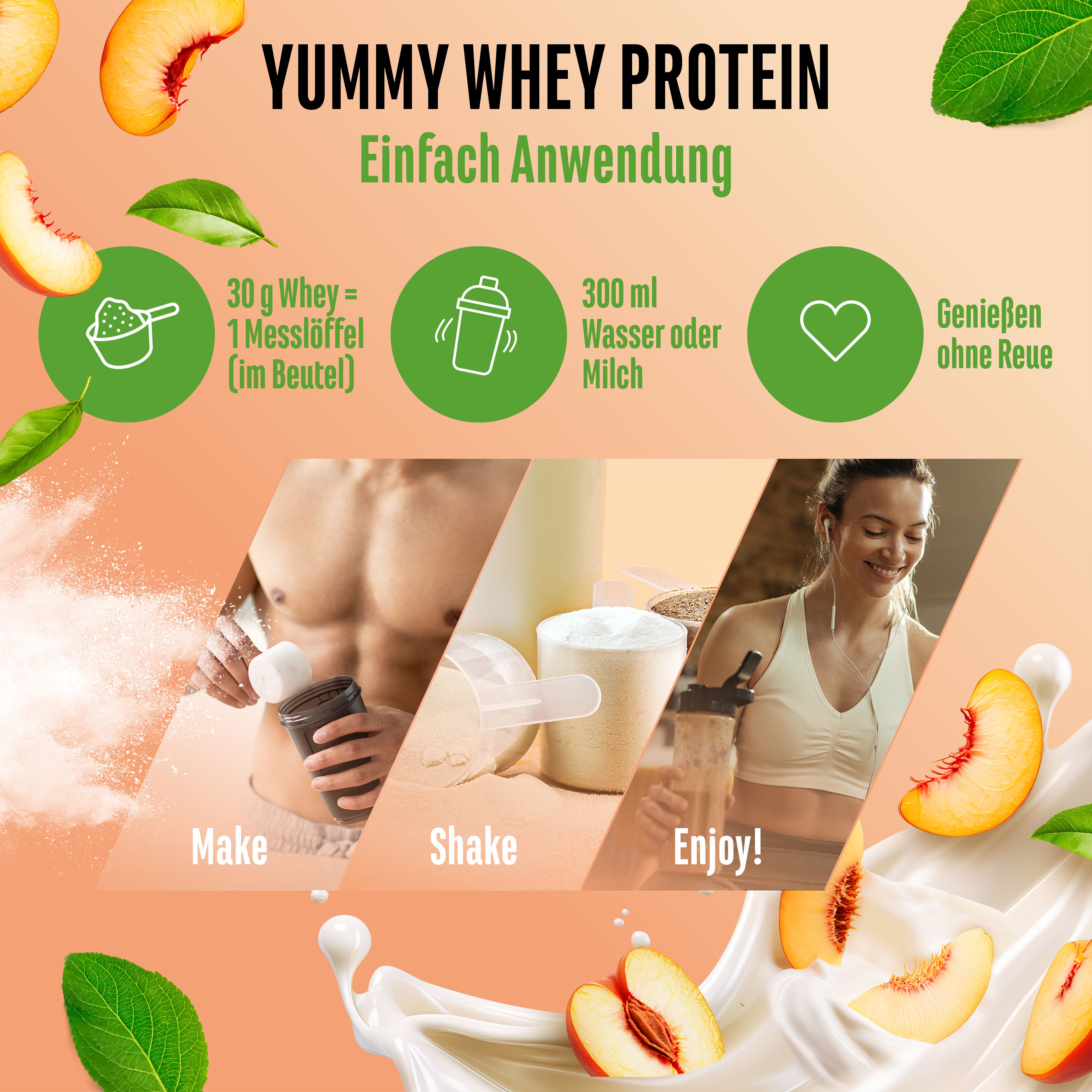Anwendung von Yummy Whey Protein. 30g Whey = 1 Messlöffel. Mischen mit Wasser/Milch. Genießen.