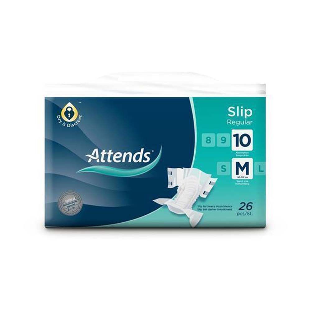 Attends Slip Regular 10 M-Packung. Blaue und weiße Verpackung. Produktbezeichnung und Größenangabe.