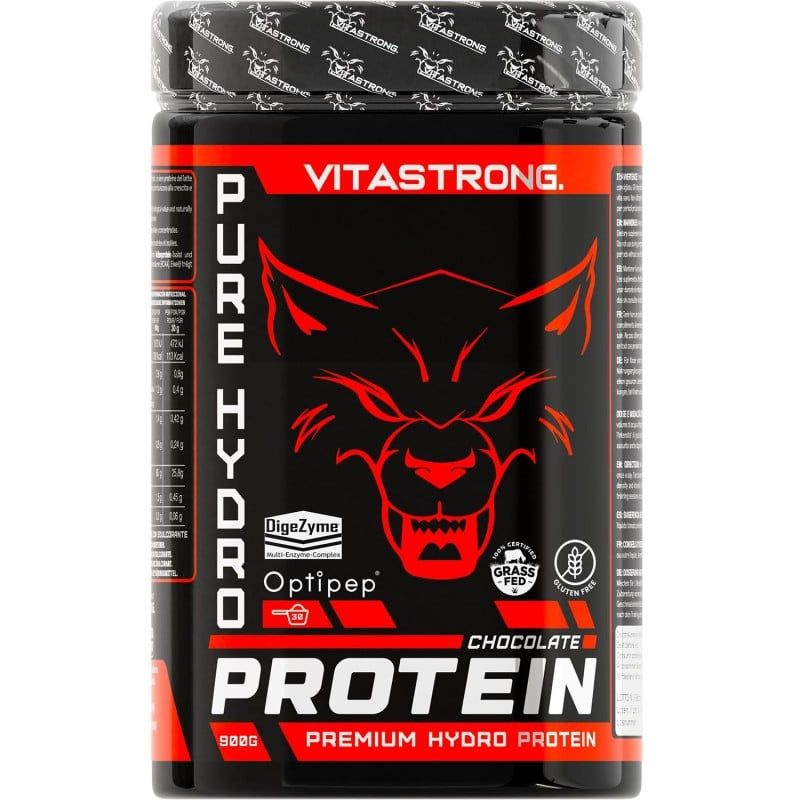 Schwarze Dose Vitastrong Pure Hydro Protein Schokolade. Roter Wolfskopf. Aufschrift: Protein, 750g.