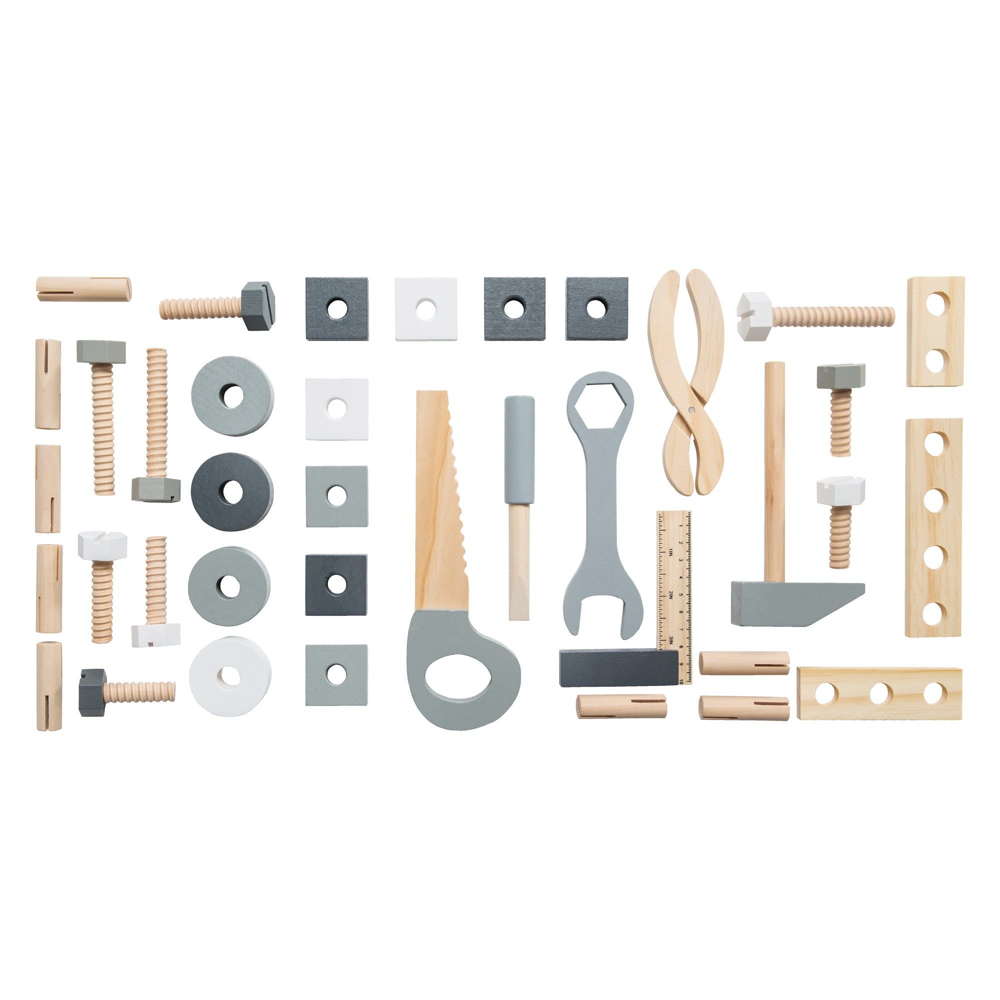 Werkzeug-Set aus Holz. Schrauben, Muttern, Unterlegscheiben, Säge, Zange, Schraubenschlüssel, Lineal und Hammer. Grau und Naturholz.