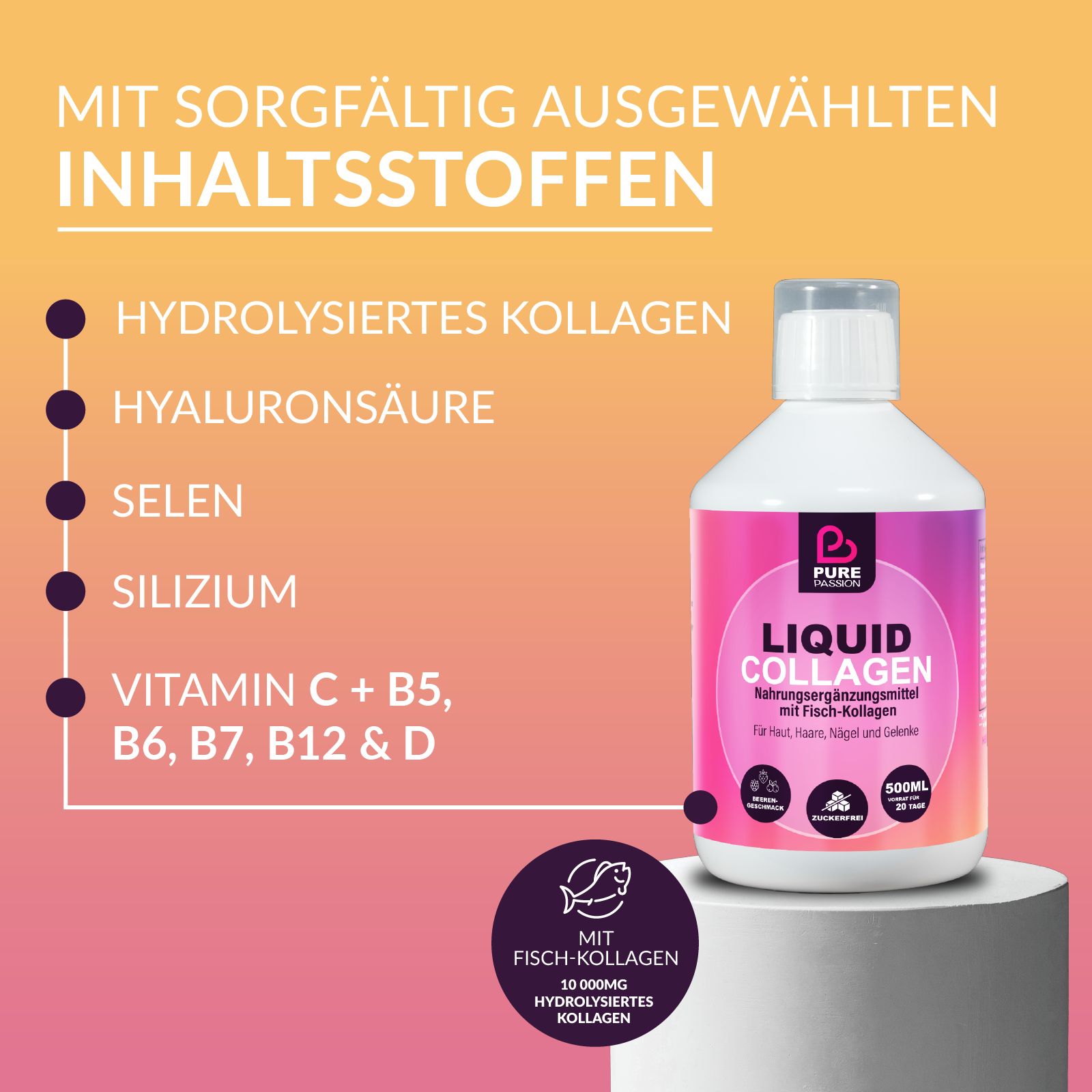Produktflasche mit Text: "Liquid Collagen". Text: "Mit sorgfältig ausgewählten Inhaltsstoffen". Symbole und Inhaltsstoffe.
