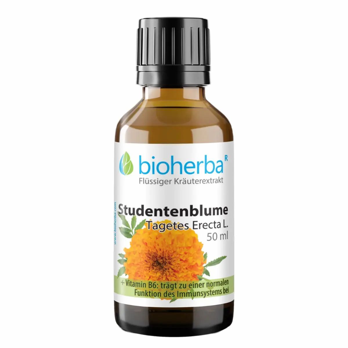 Braune Glasflasche mit schwarzem Deckel. Etikett mit Produktname: Studentenblume Tagetes Erecta L. Extrakt. Marke: Bioherba. 50 ml.