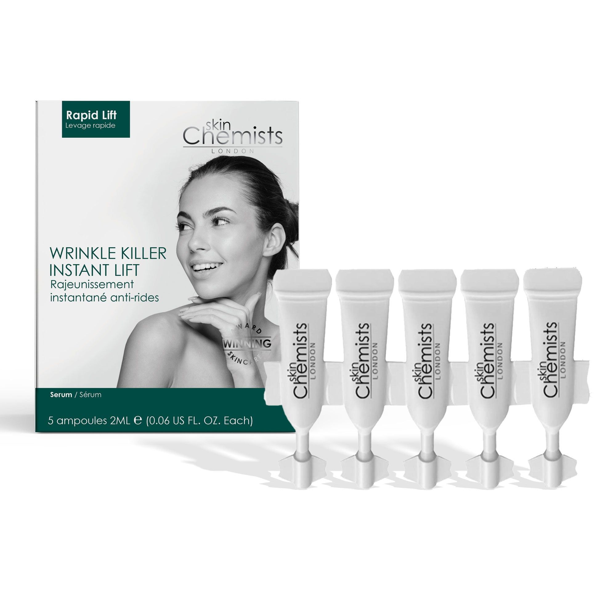 Verpackung mit Ampullen. Aufschrift: Skin Chemists London. 5 Ampullen, 2ml. Aufschrift: Wrinkle Killer Instant Lift.