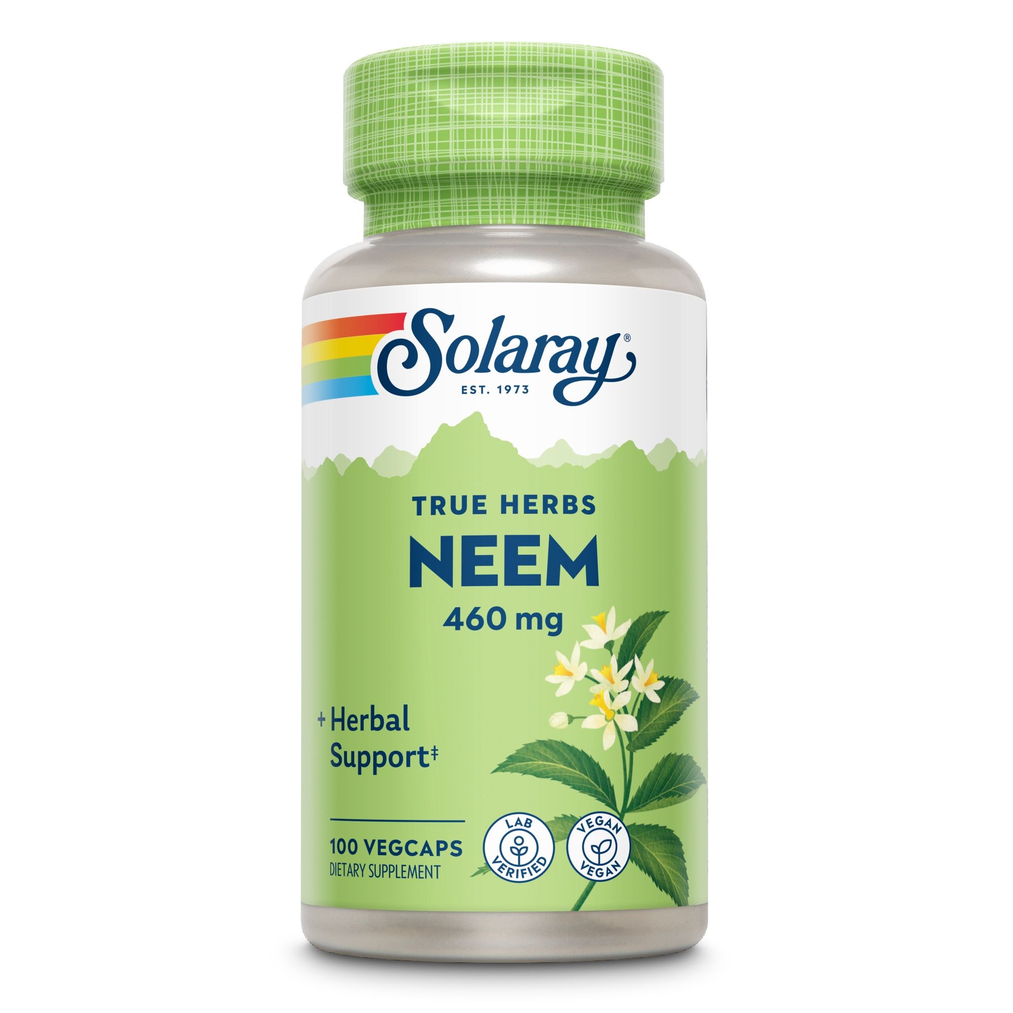 Solaray Neem 460 mg Flasche. Grün-weiße Kapsel-Flasche mit grünem Deckel. Text: True Herbs, 100 Vegcaps, + Herbal Support.