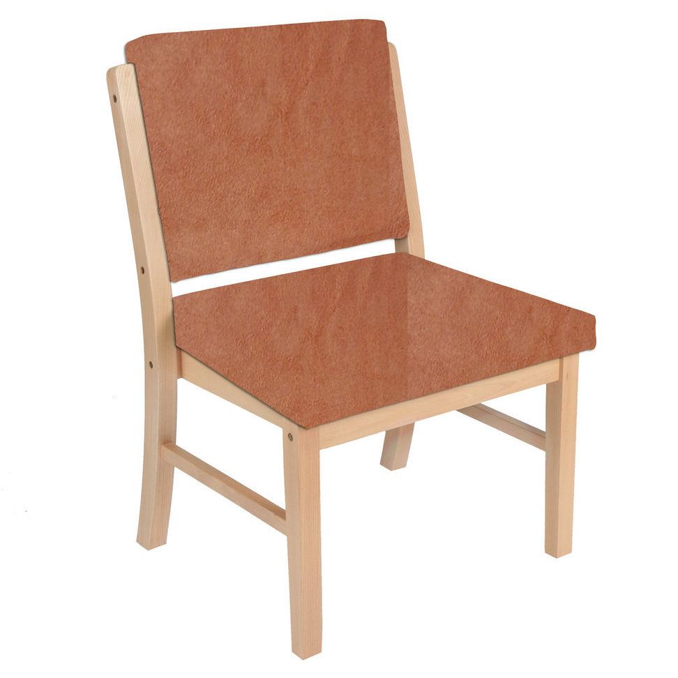 Stuhl mit Holzrahmen und braunem Sitz und Rückenlehne. Einfaches Design.