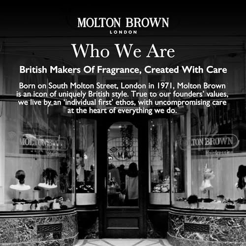 Schwarz-Weiß-Foto eines Schaufensters. Text: Molton Brown London. British Makers Of Fragrance, Created With Care. Gegründet 1971.