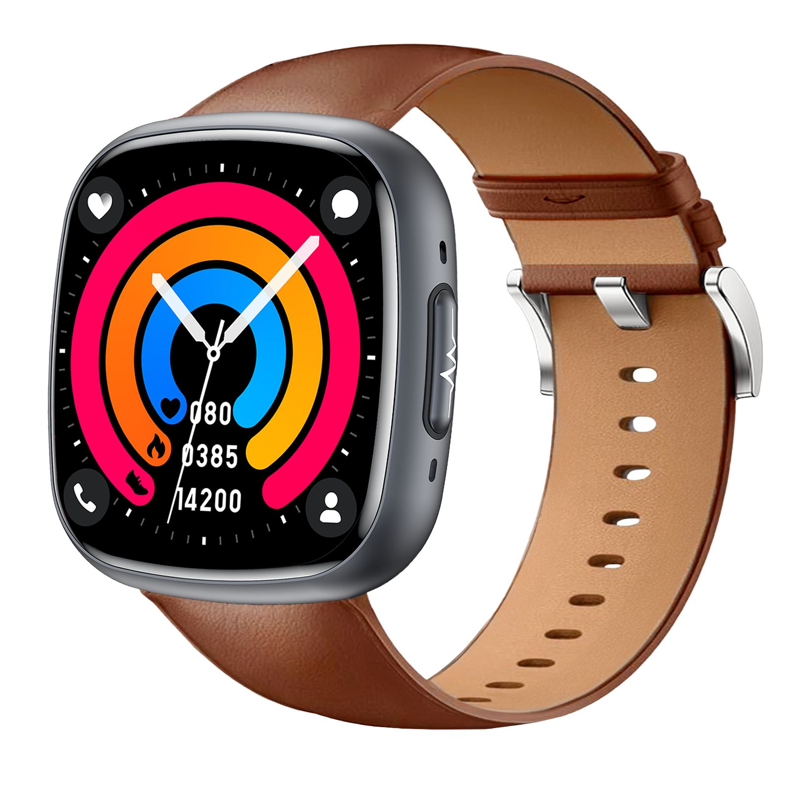 Smartwatch mit braunem Lederarmband. Das Display zeigt bunte Aktivitätsringe und Gesundheitsdaten.