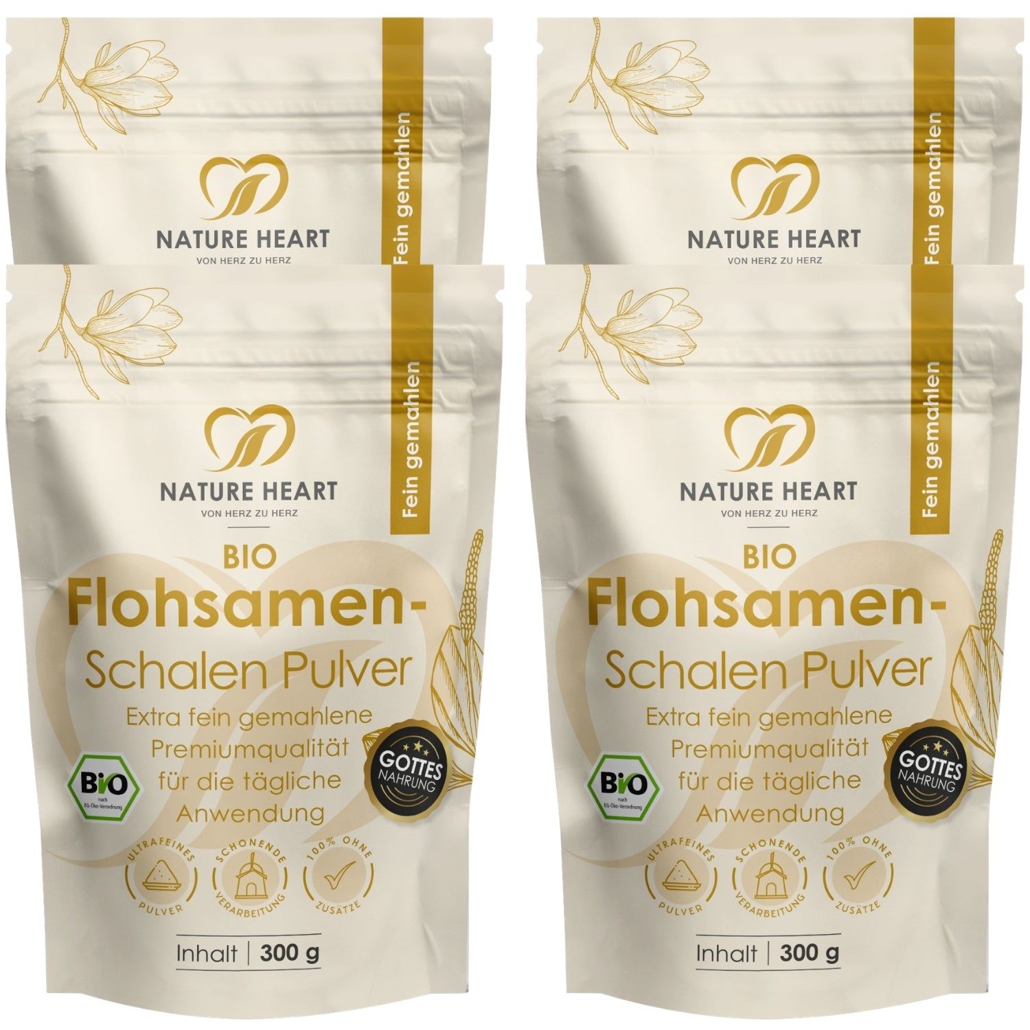 Nature Heart Flohsamenschalen BIO Pulver, 300g Packung. Fein gemahlen, Bio-Qualität.