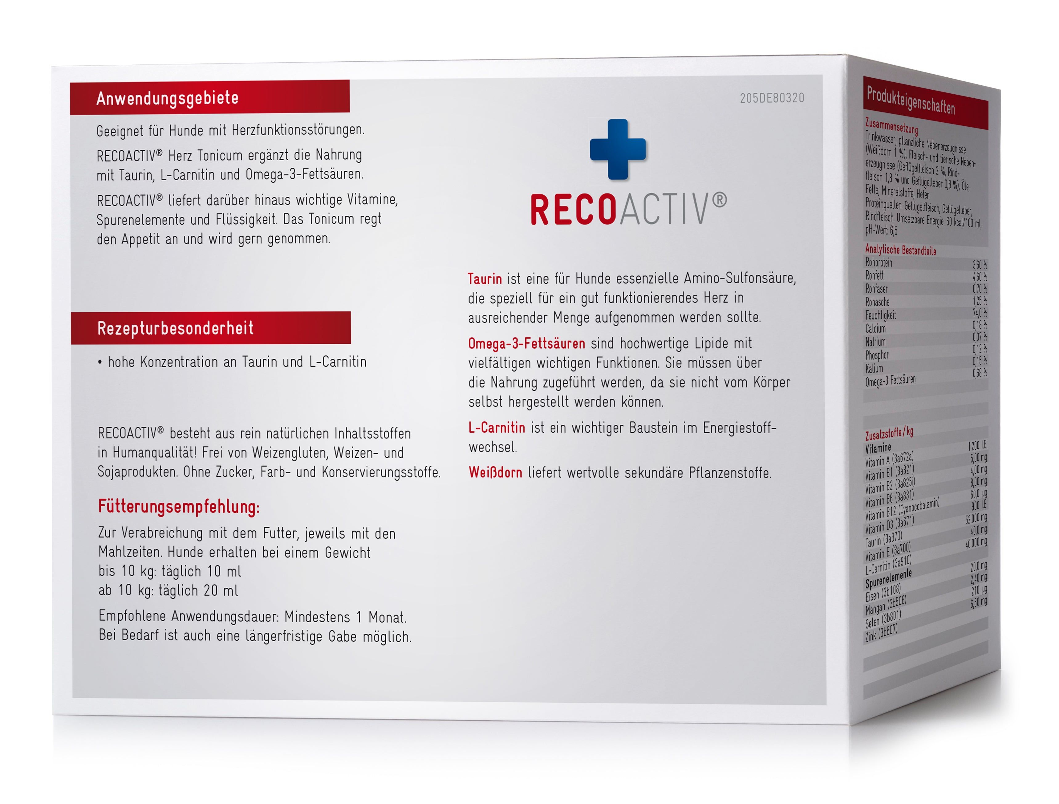 Rückseite der RECOACTIV® Herz Tonicum Verpackung. Text in deutscher Sprache. Enthält Informationen zu Inhaltsstoffen und Anwendungsempfehlungen.