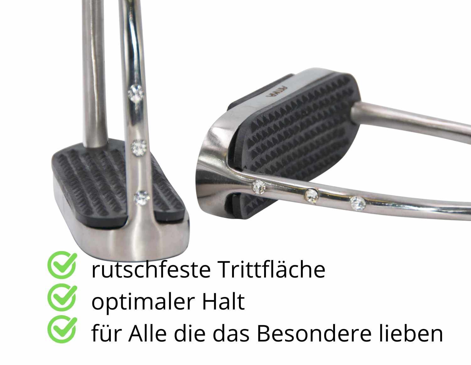 Nahaufnahme von Steigbügeln mit rutschfester Trittfläche. Text: rutschfeste Trittfläche, optimaler Halt.