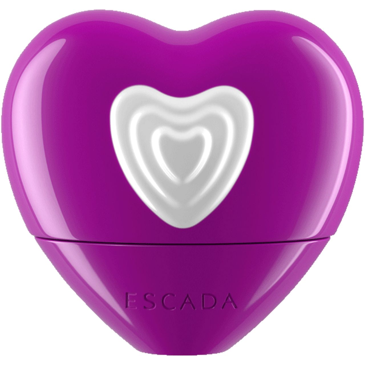 Lila herzförmiger Flakon mit weißem Herz-Design. Escada-Logo unten.