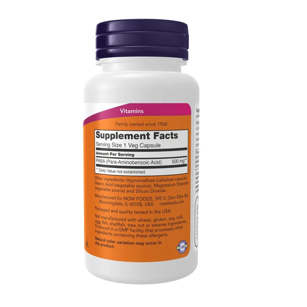 Rückseite der weißen Flasche. Etikett mit Nährwertangaben. Text: PABA (Para-Aminobenzoesäure) 500 mg. Inhaltsstoffe, hergestellt in den USA.