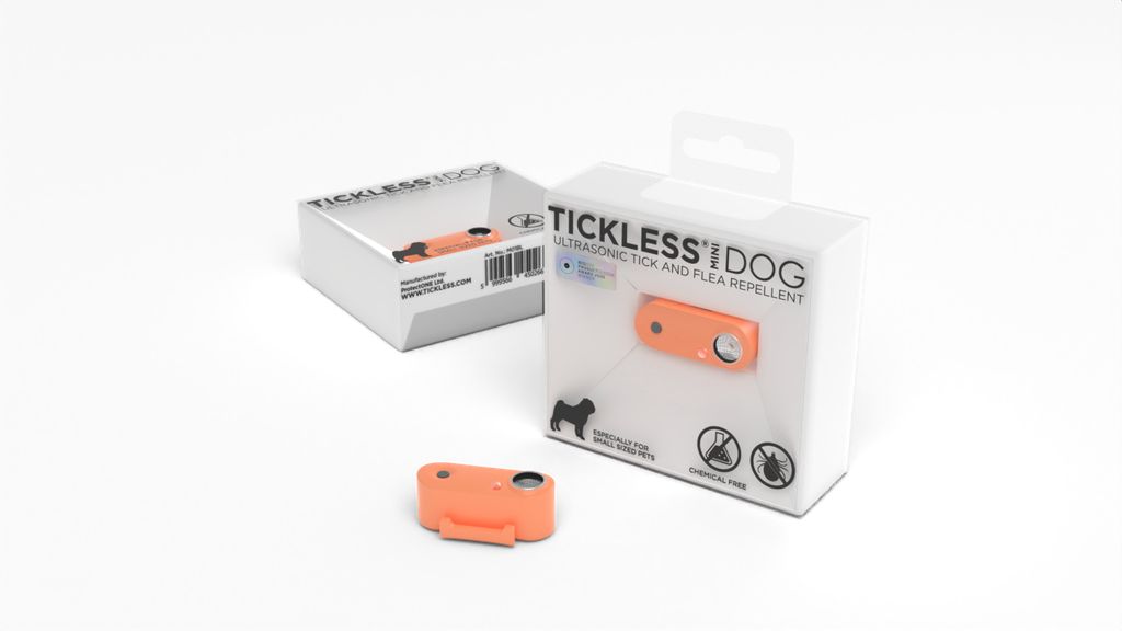 TICKLESS MINI DOG, pfirsichfarben, in und neben der Verpackung. Ultraschall-Zecken- und Flohschutz. Für kleine Hunde. Chemiefrei.