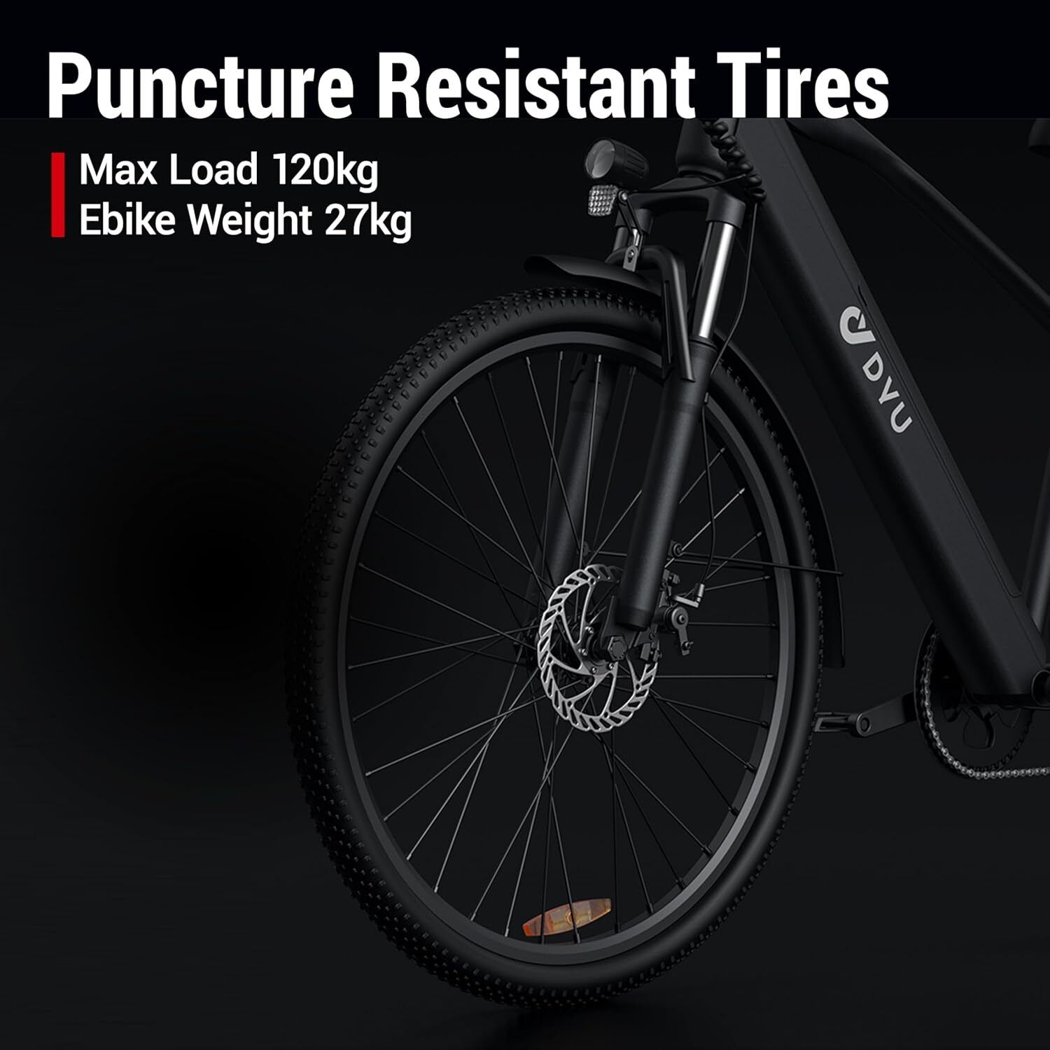 Schwarzes E-Bike mit pannensicheren Reifen. Max. Belastung 120 kg, Gewicht 27 kg. DYU-Logo sichtbar. Scheibenbremsen.