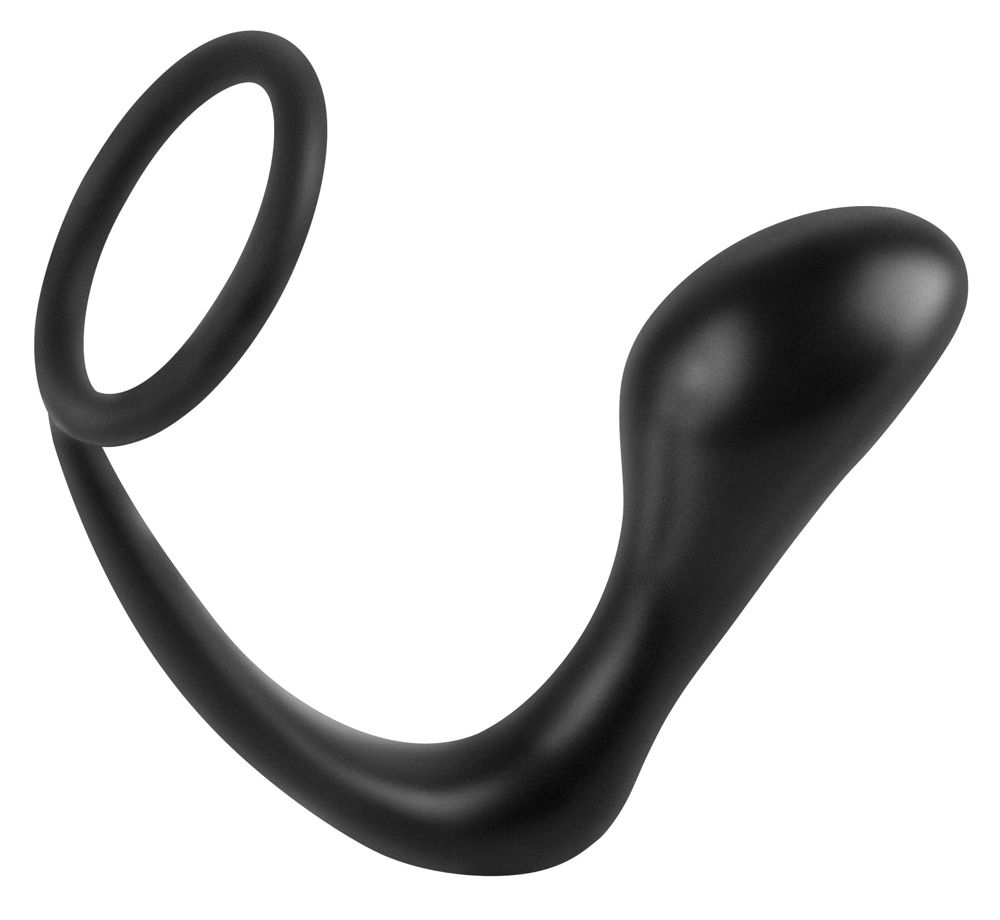 Schwarzer Penisring mit integriertem Analstimulator. Besteht aus einem Ring und einem gebogenen Teil.
