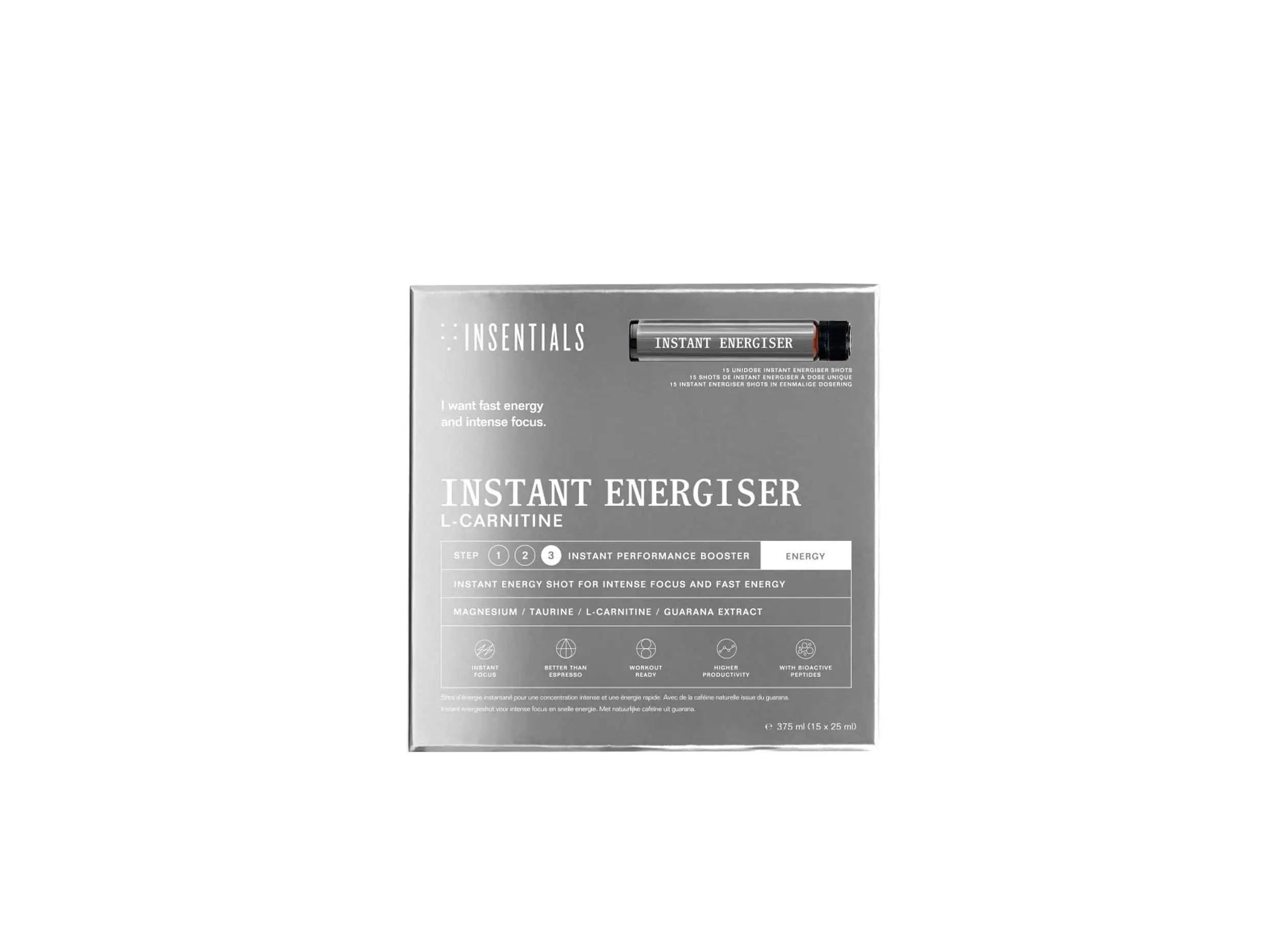 Verpackung für Insentials Instant Energiser L-Carnitin. Enthält 10 Shots für Energie und Konzentration.