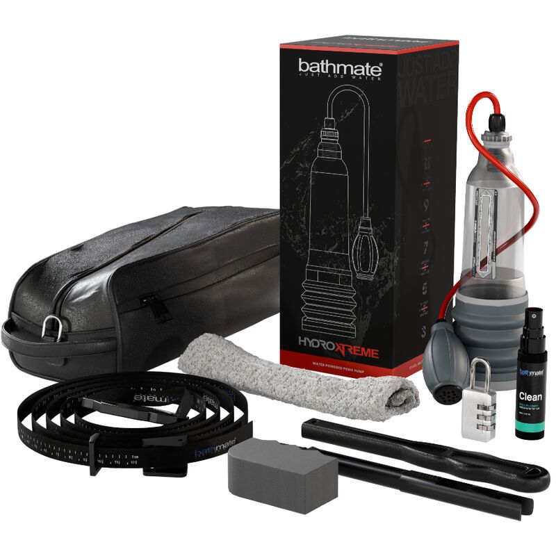 HydroXtreme8-Set mit Pumpe, Tasche, Reiniger, Gürtel, Schwamm, Handtuch, Schloss und Stäben. Schwarze Verpackung im Hintergrund.