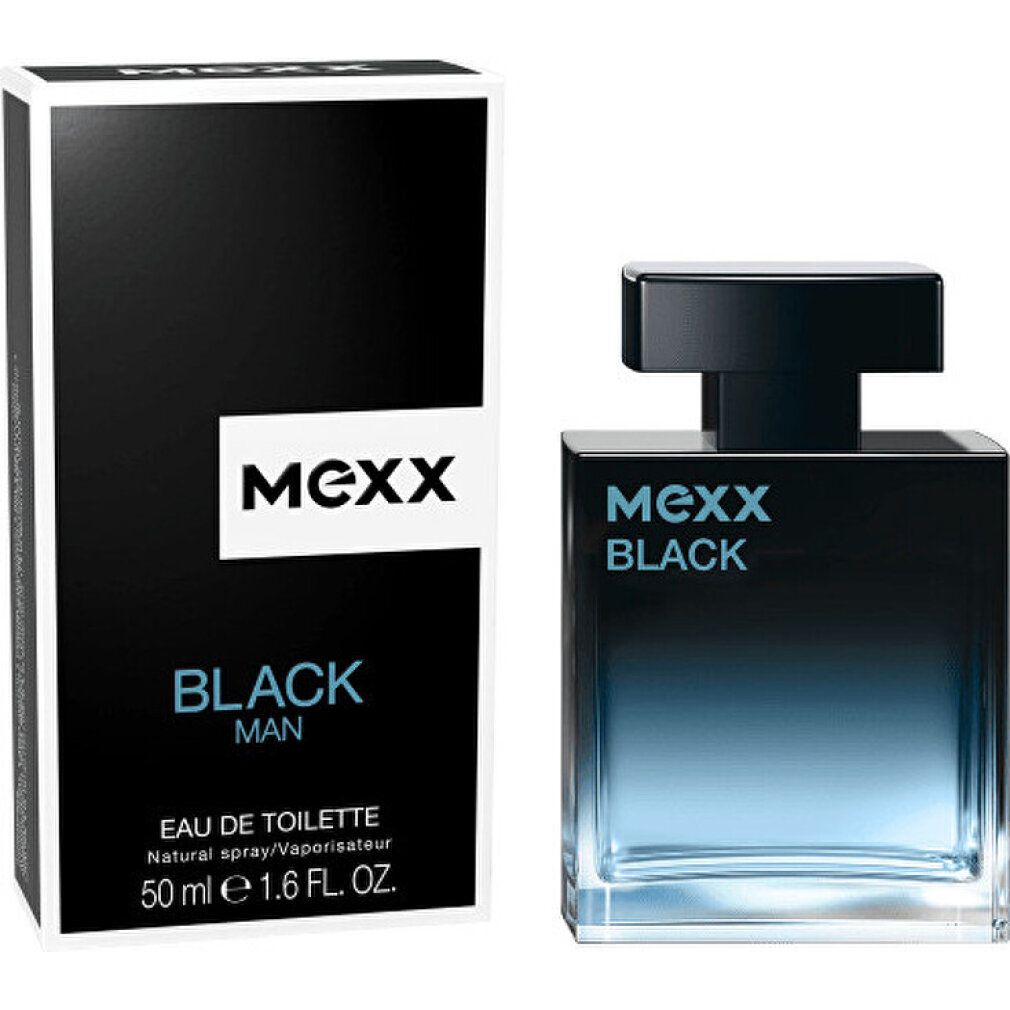 Schwarzer Flakon und Verpackung. Aufschrift: Mexx Black Man Eau de Toilette. 50 ml.