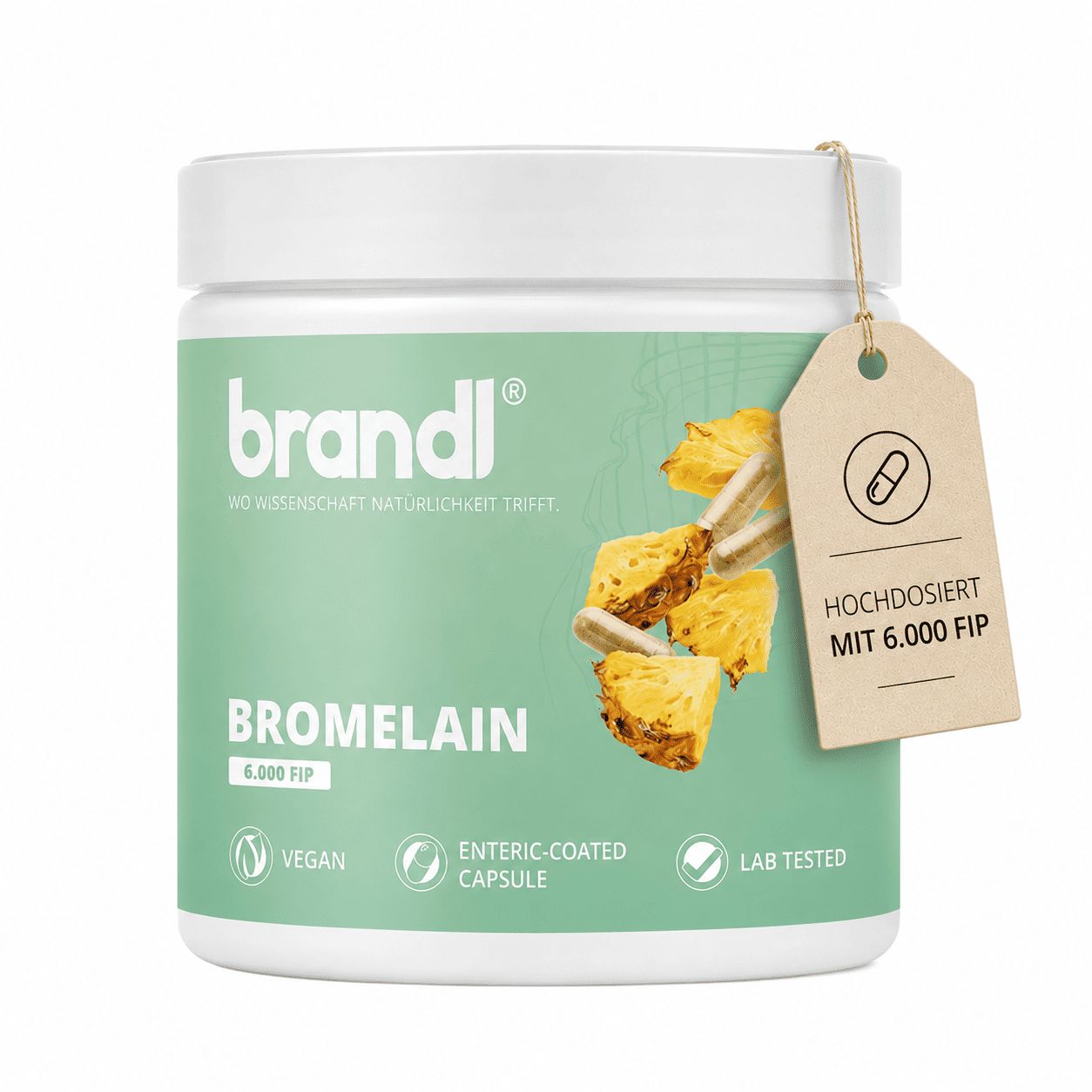Grüne Dose mit Bromelain-Kapseln. Anhänger: Hochdosiert mit 6.000 FIP. Vegan, magensaftresistente Kapsel, Lab getestet.