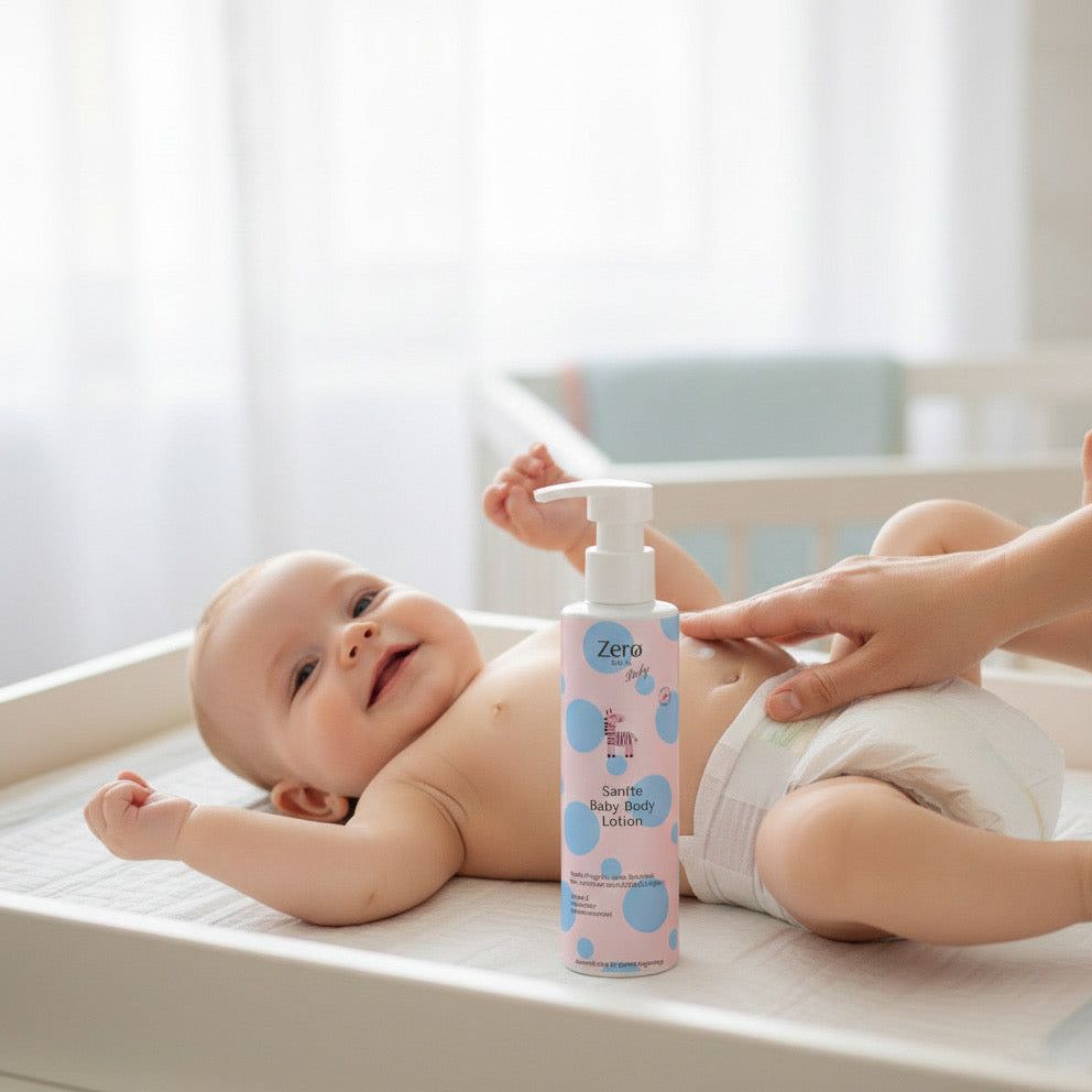 Baby liegt auf Wickeltisch, eine Hand trägt Lotion auf. Zero Skin Baby Body Lotion Flasche daneben.