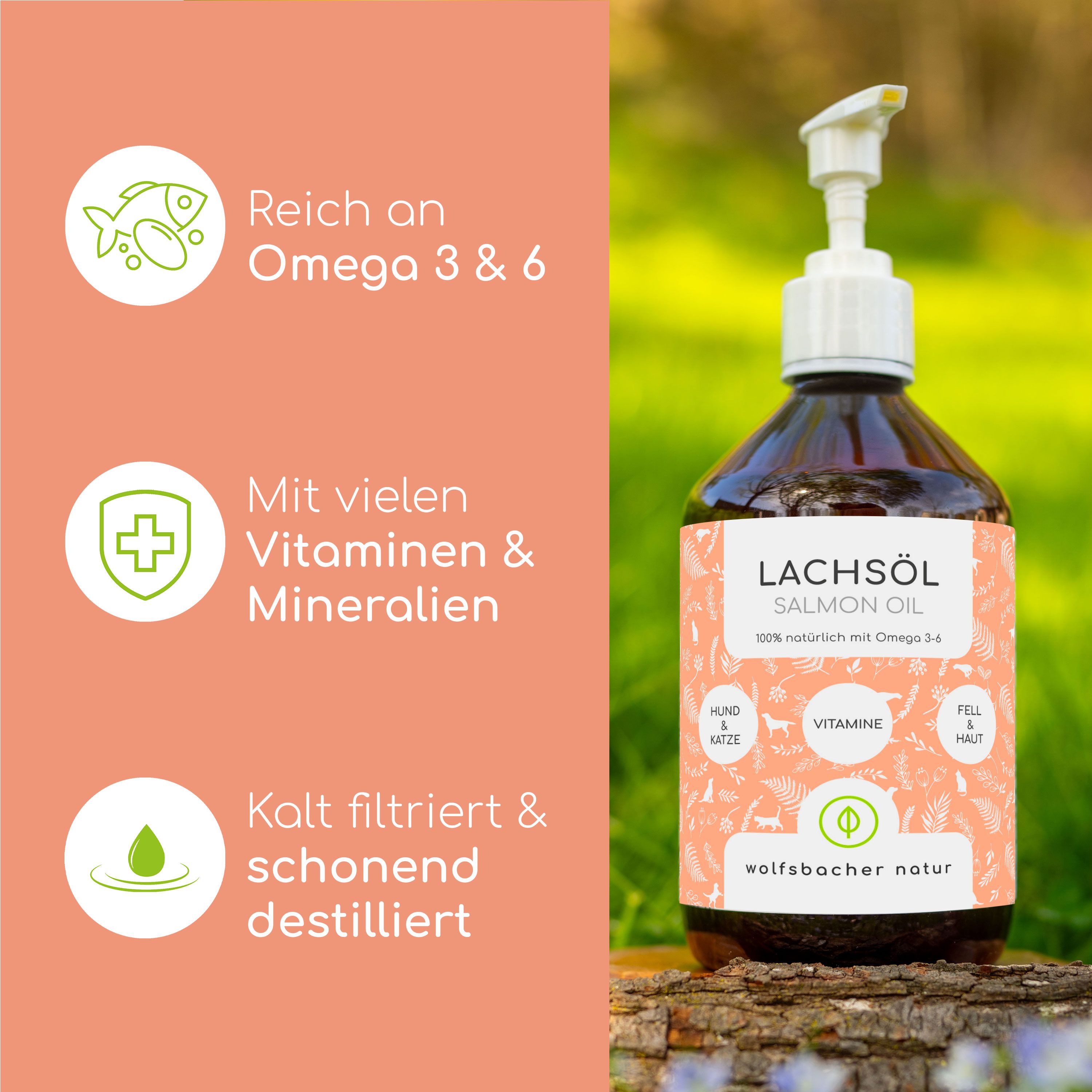 Flasche Lachsöl mit Pumpverschluss auf Holz. Grafiken: Omega 3 & 6, Vitamine & Mineralien, kalt filtriert. Hintergrund: orange.