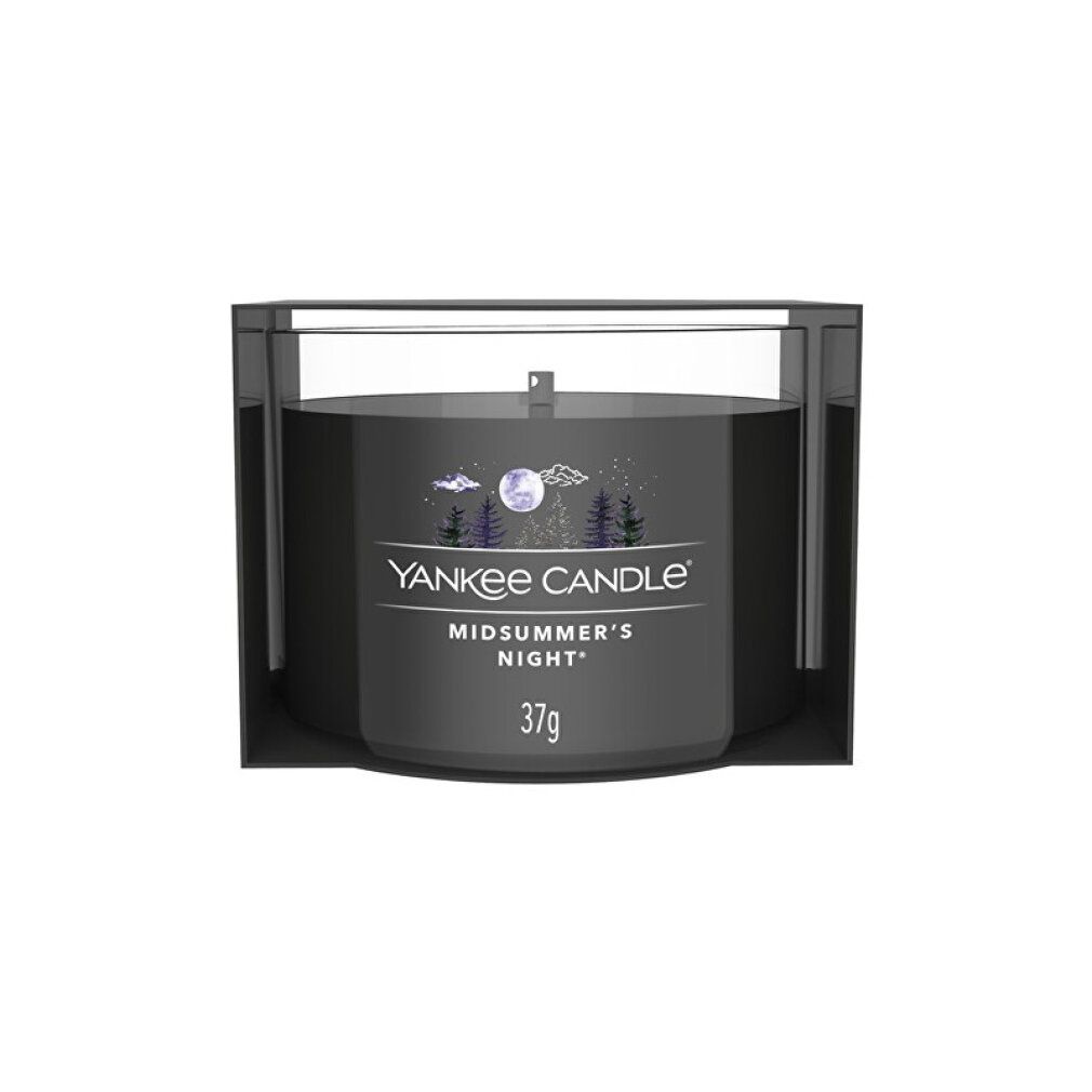Kerze im Glasbehälter. Aufschrift: Yankee Candle, Midsummer's Night, 37g. Schwarzer Behälter mit Deckel.