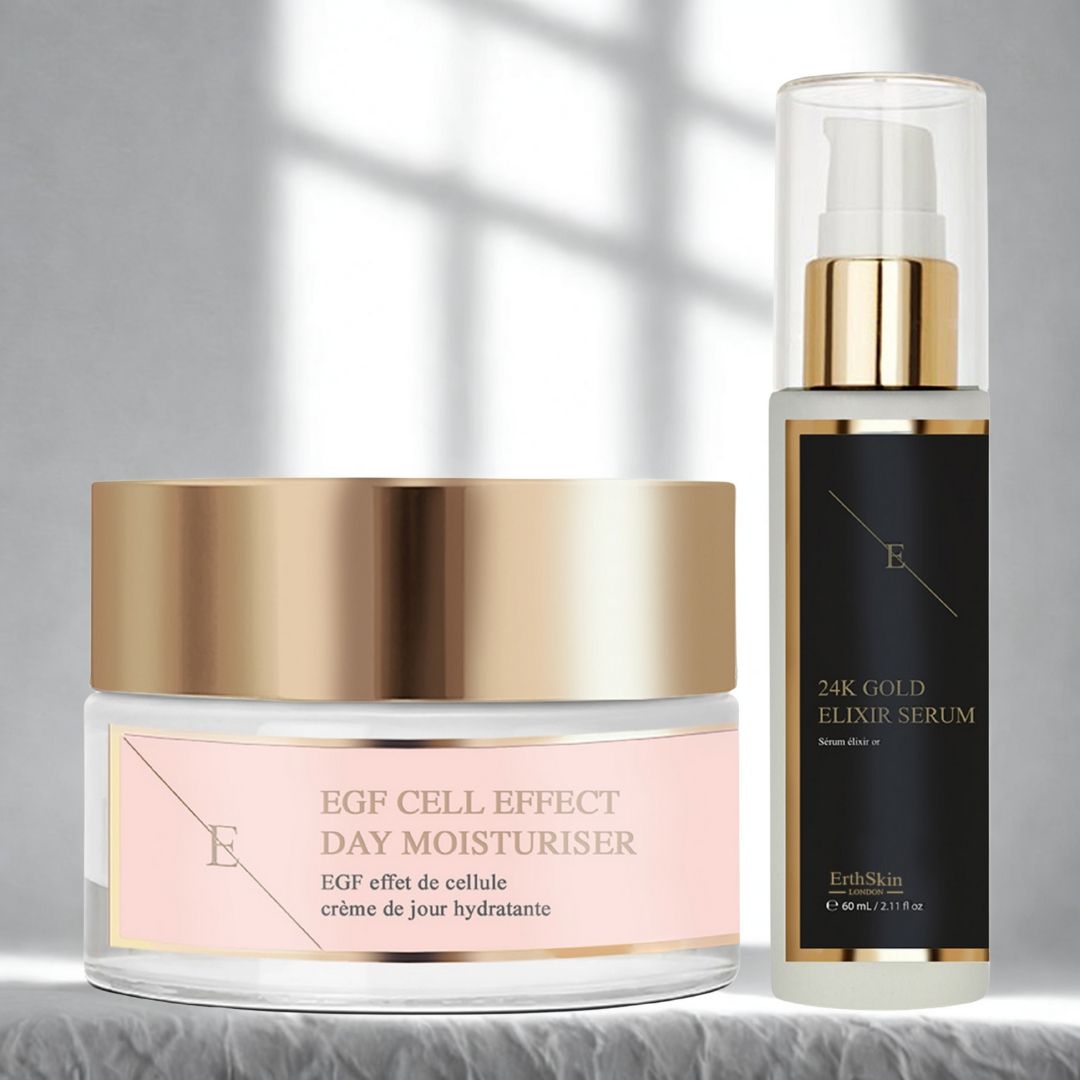 Tagesfeuchtigkeitscreme und Serum. Creme mit goldfarbenem Deckel und rosa Etikett. Serum mit schwarzem Etikett und goldfarbenem Deckel.