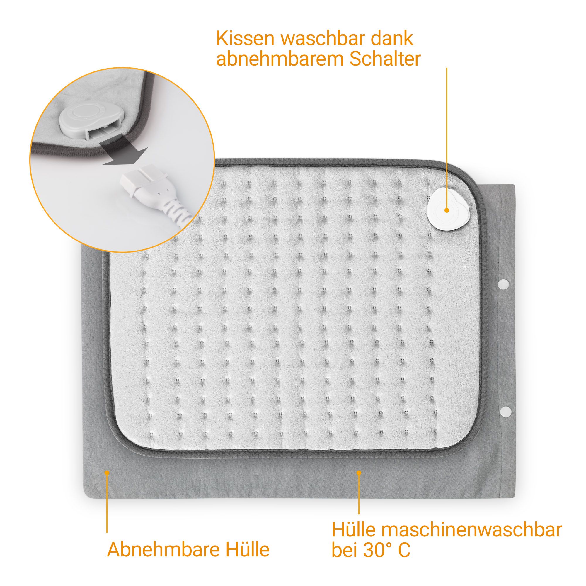 Graues Heizkissen mit abnehmbarem Schalter und abnehmbarer Hülle.