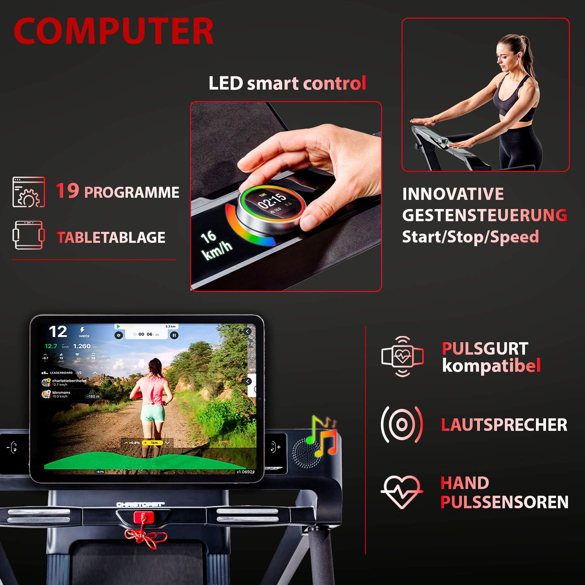 Nahaufnahme des Bedienfelds eines Laufbands mit LED-Anzeige, Drehknopf und Tablet-Halterung. 19 Programme.