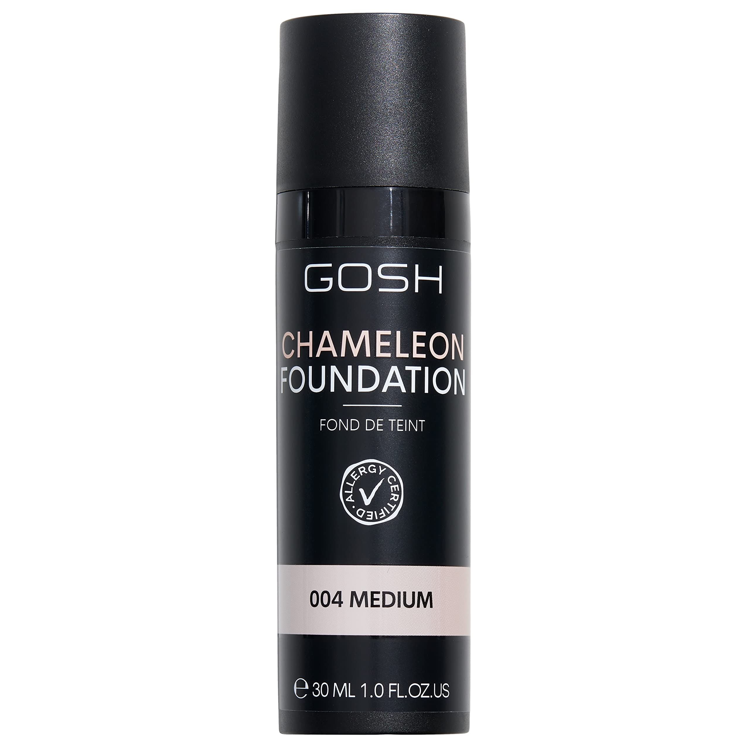 Schwarze Flasche mit GOSH Chameleon Foundation. Text: 004 Medium, Allergy Certified. 30 ml. Schwarzer Deckel. Weißer Text.